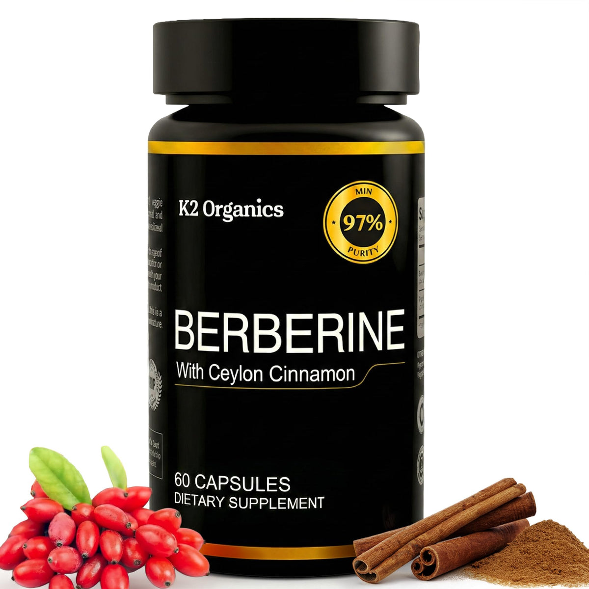 K2 Organics Berberine HCL 1200mg + Ceylon Cinnamon capsules front view