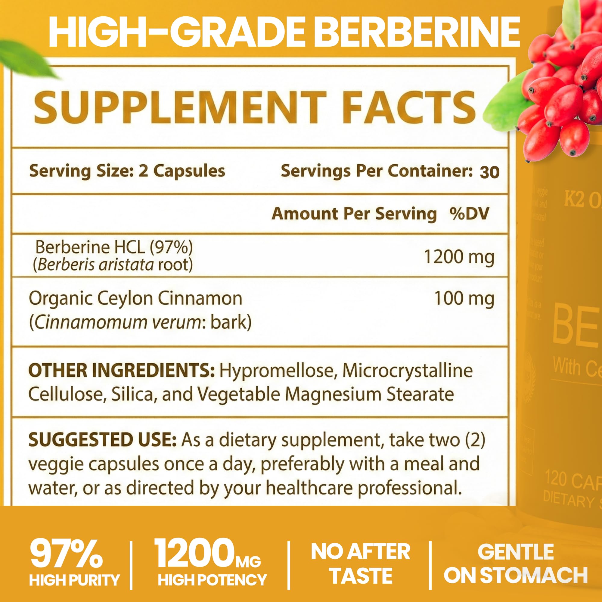 K2 Organics Berberine HCL 1200mg + Ceylon Cinnamon capsules side view