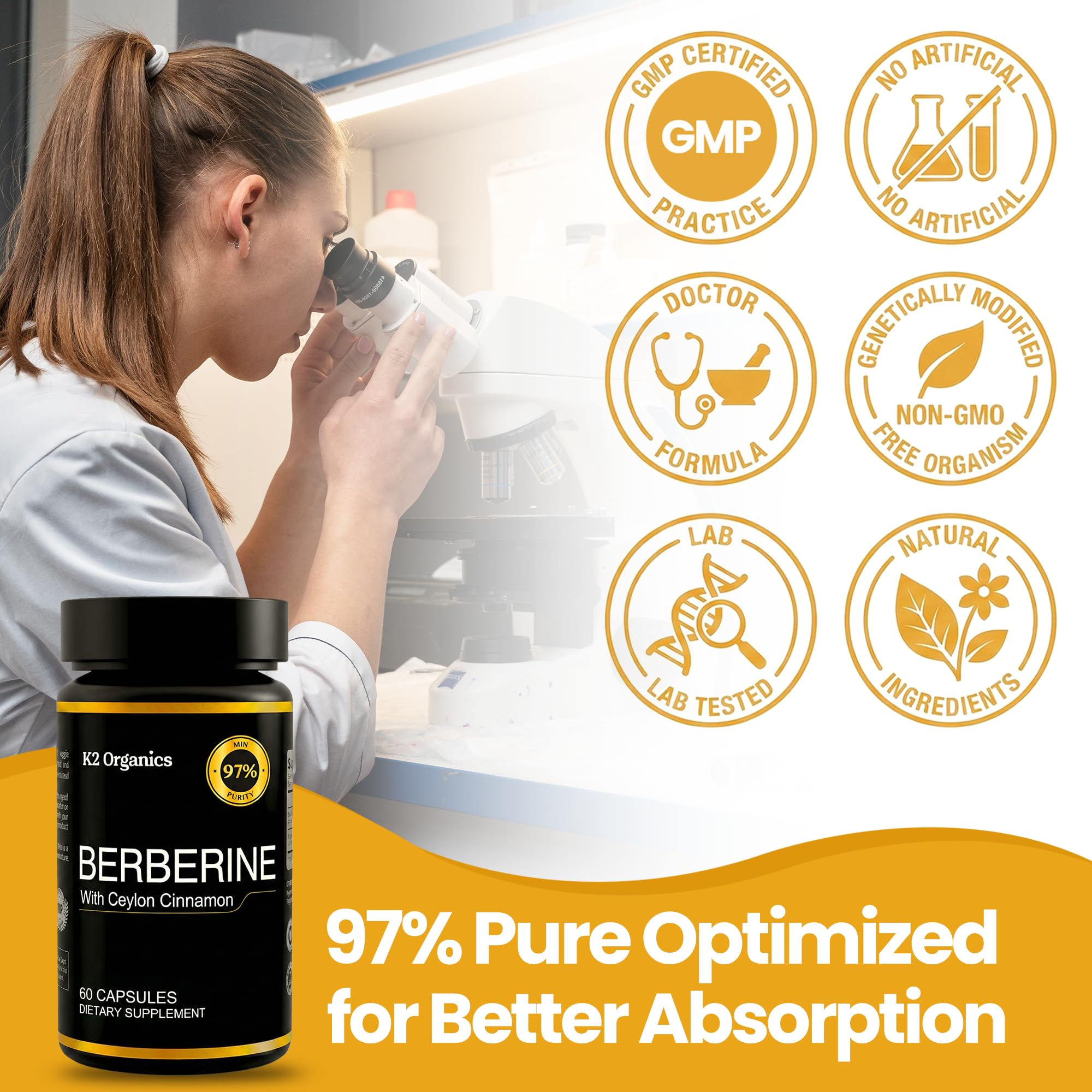 K2 Organics Berberine HCL 1200mg + Ceylon Cinnamon capsules with measuring spoon