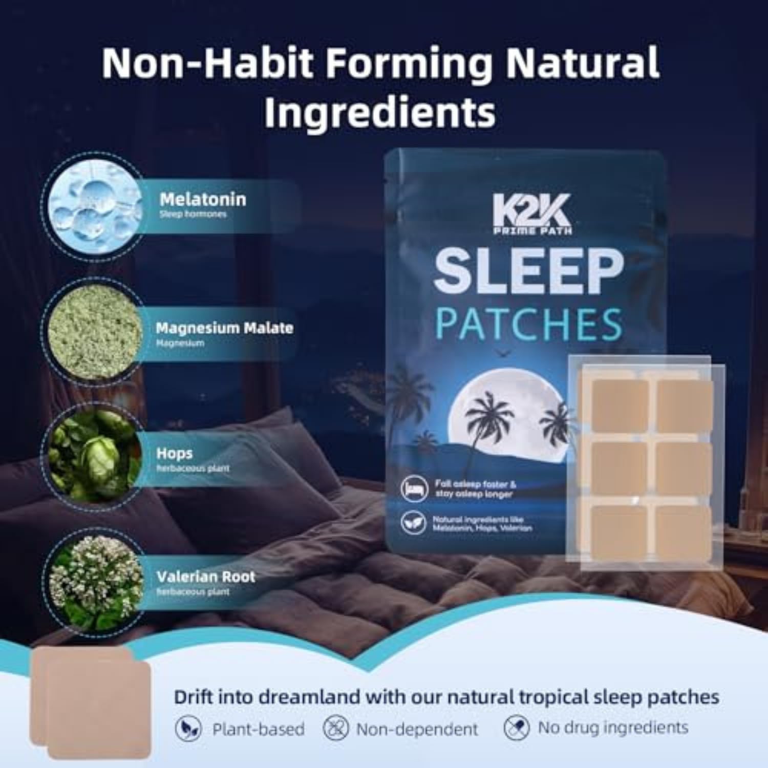 K2K PRIMEPATH Sleep Patches laid out on a bedside table