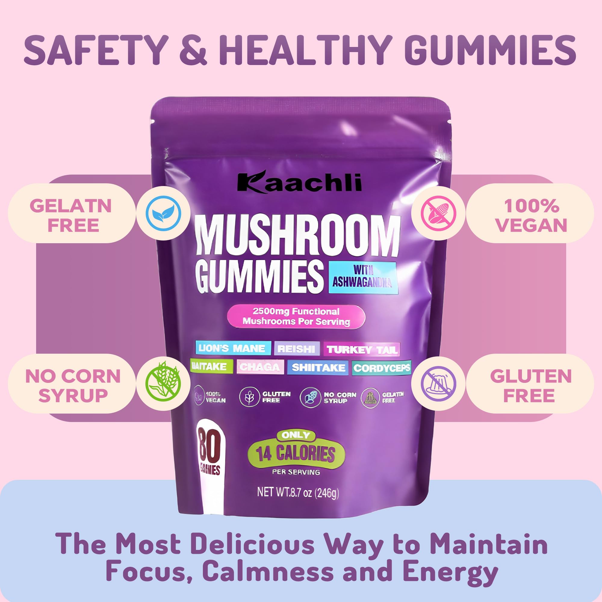 KAACHLI Mushroom Gummies open bottle with gummies
