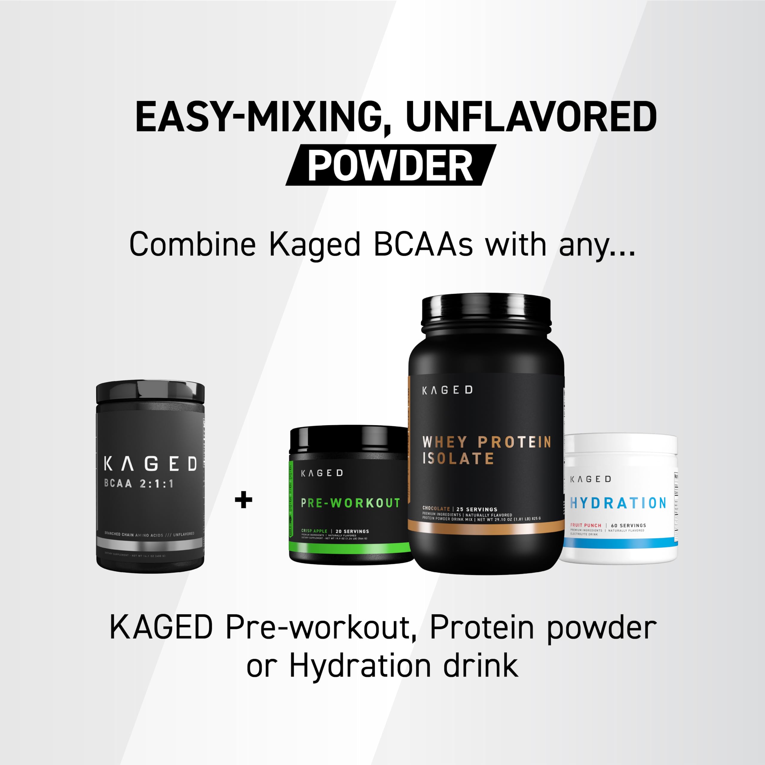 Kaged BCAA Powder 400g packaging on a kitchen counter