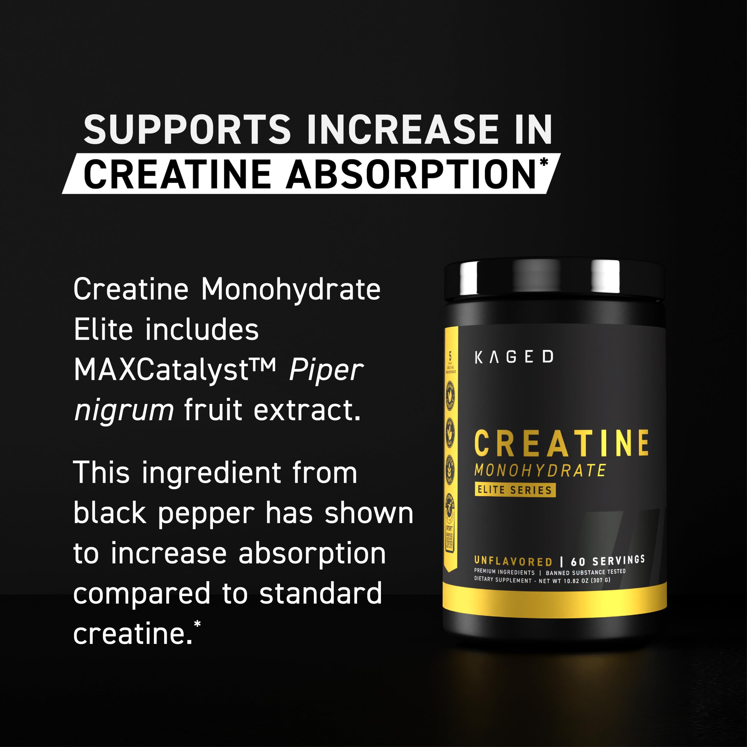 Kaged Creatine Elite 381g side view with scoop