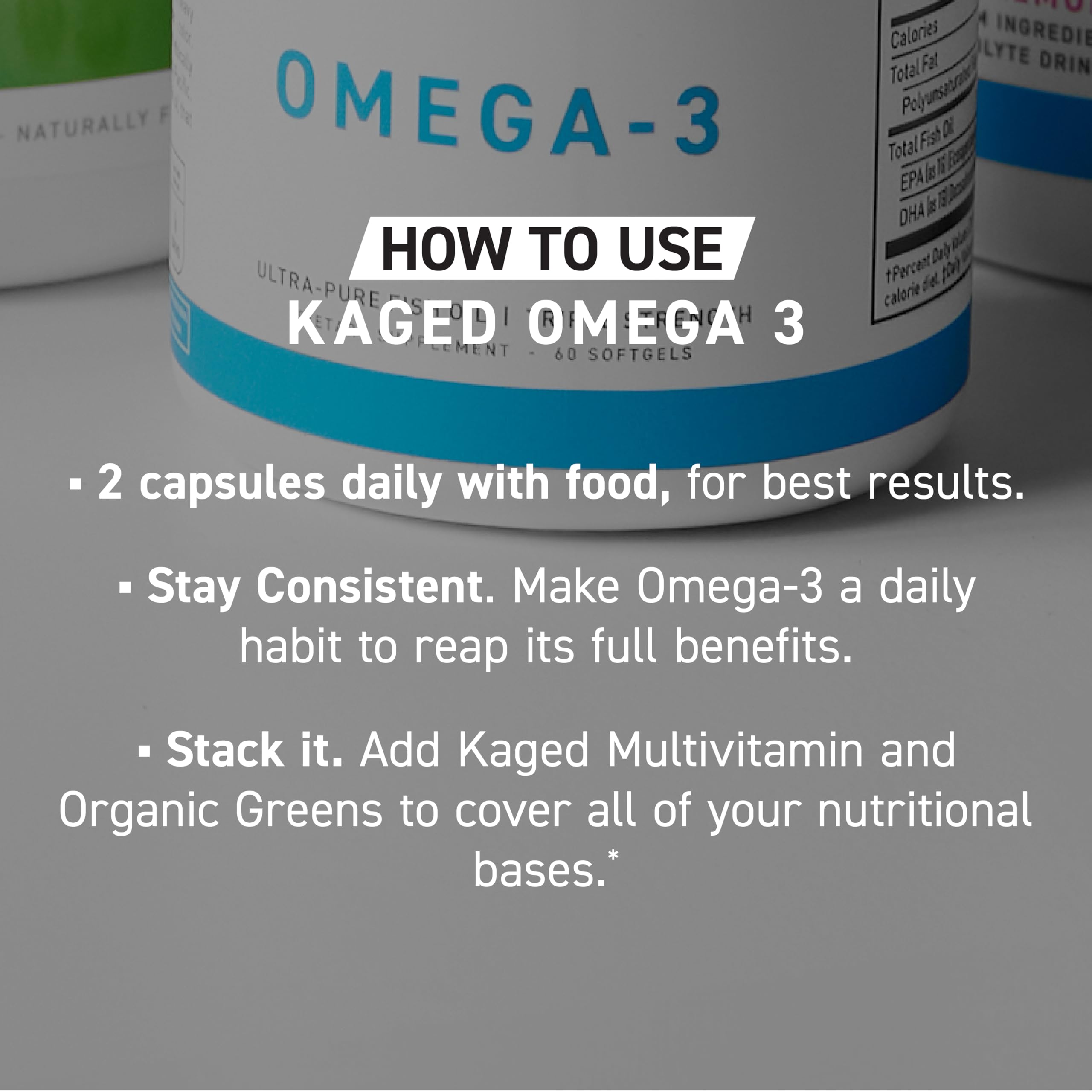 Kaged Omega-3 Fish Oil softgels on a wooden table