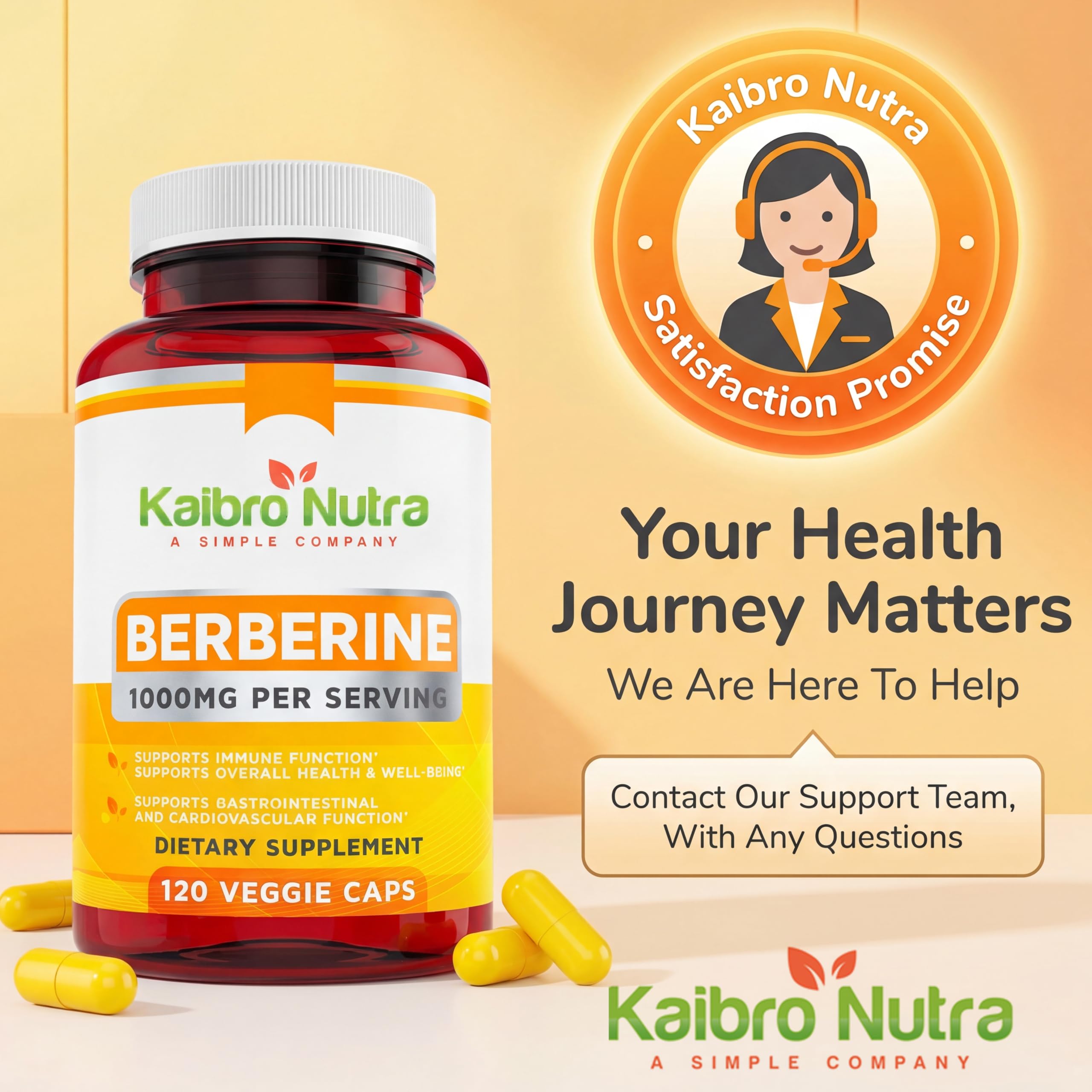 Kaibro Nutra Berberine Supplement 1000mg displayed with a glass of water
