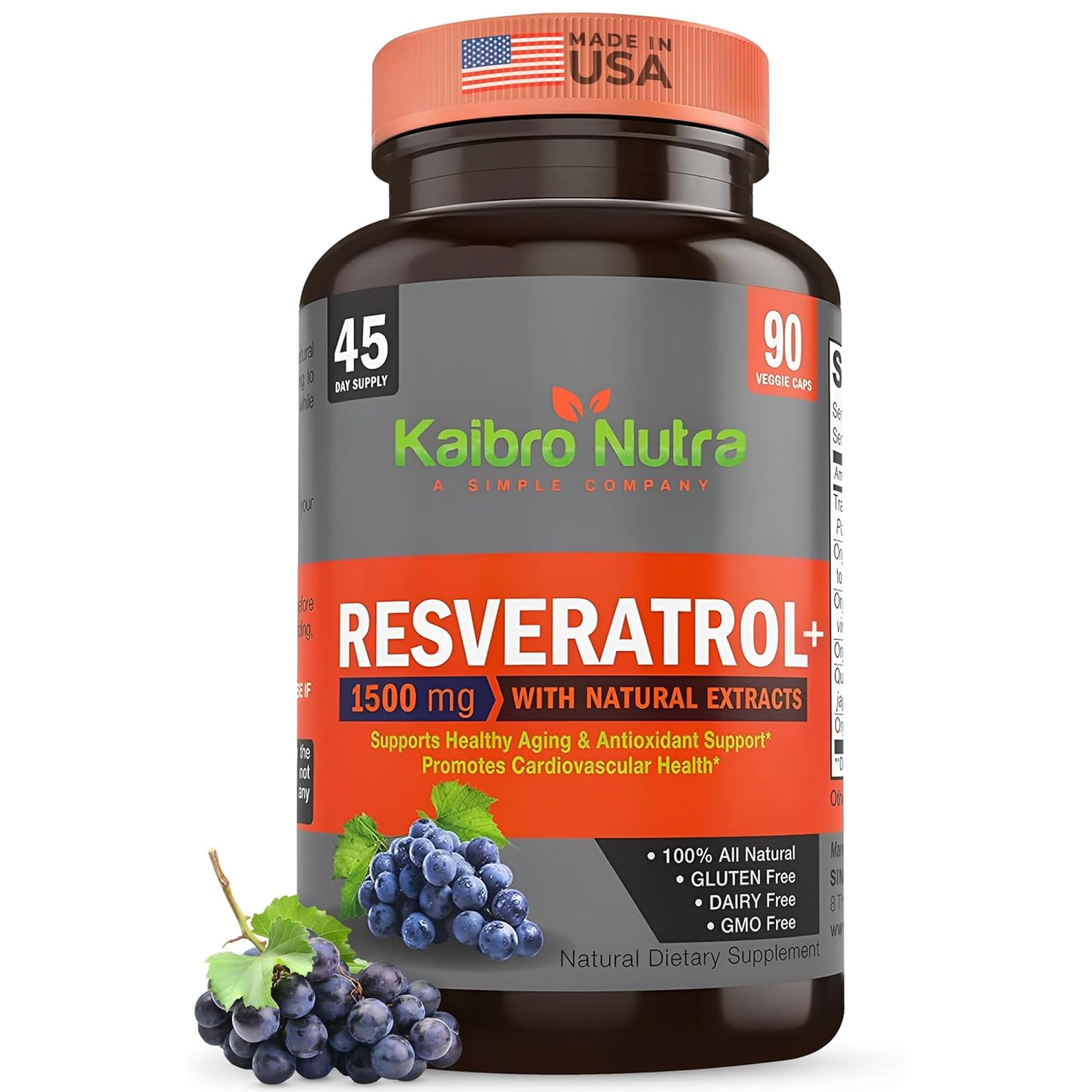 Kaibro Nutra Resveratrol Maximum Strength 1500mg supplement front view