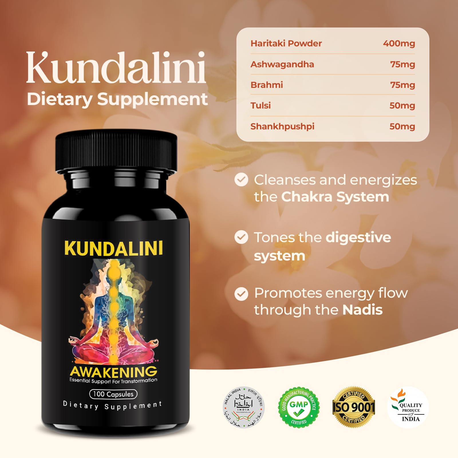 Kailash Herbals Kundalini Awakening Herbal Supplement bottle side view