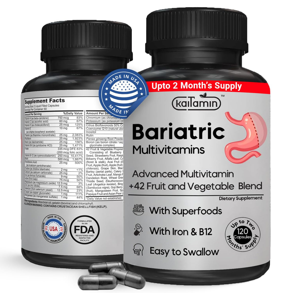 Kaitamin Multivitamin with Iron 120 liquid capsules front view