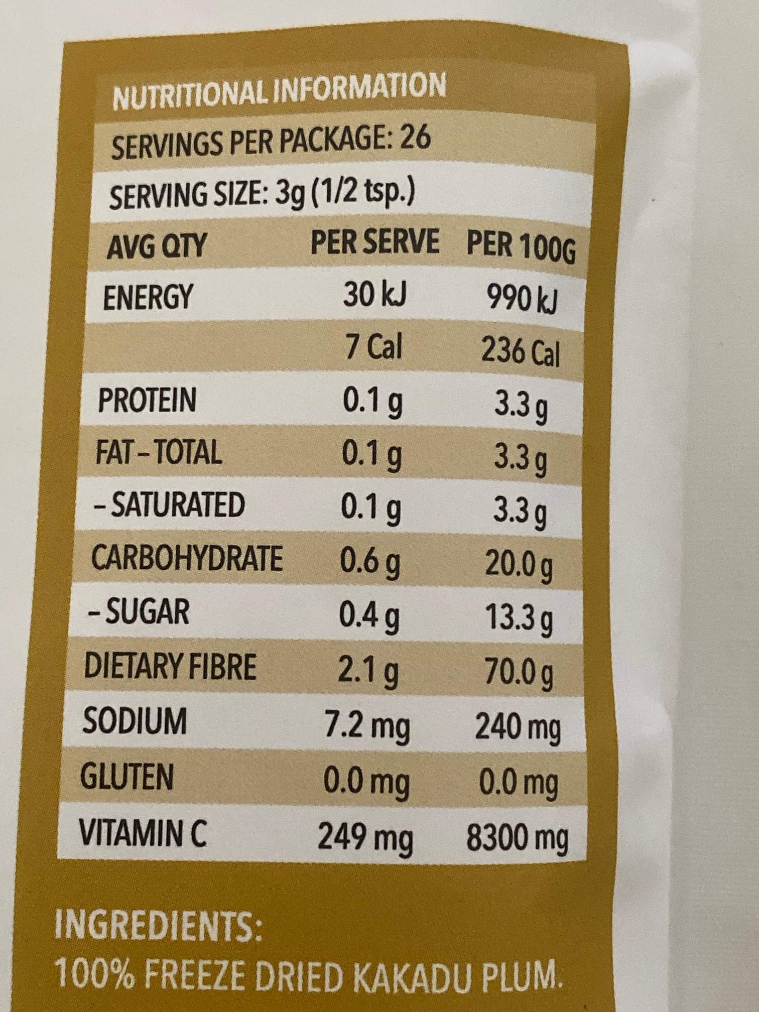Kakadu Plum Powder 80g back view with nutritional information