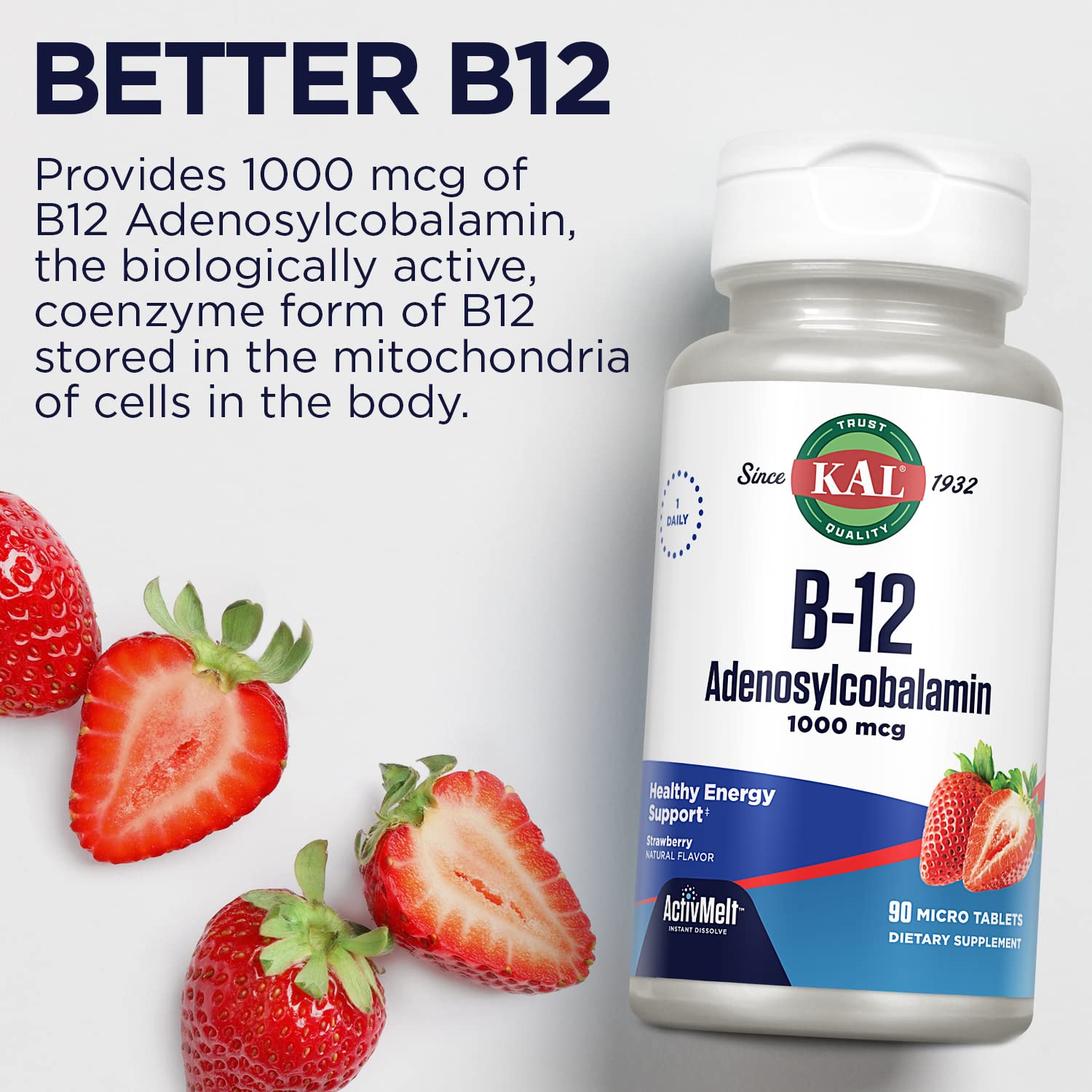 KAL Adenosyl B12 Supplement 1000mcg on a kitchen counter