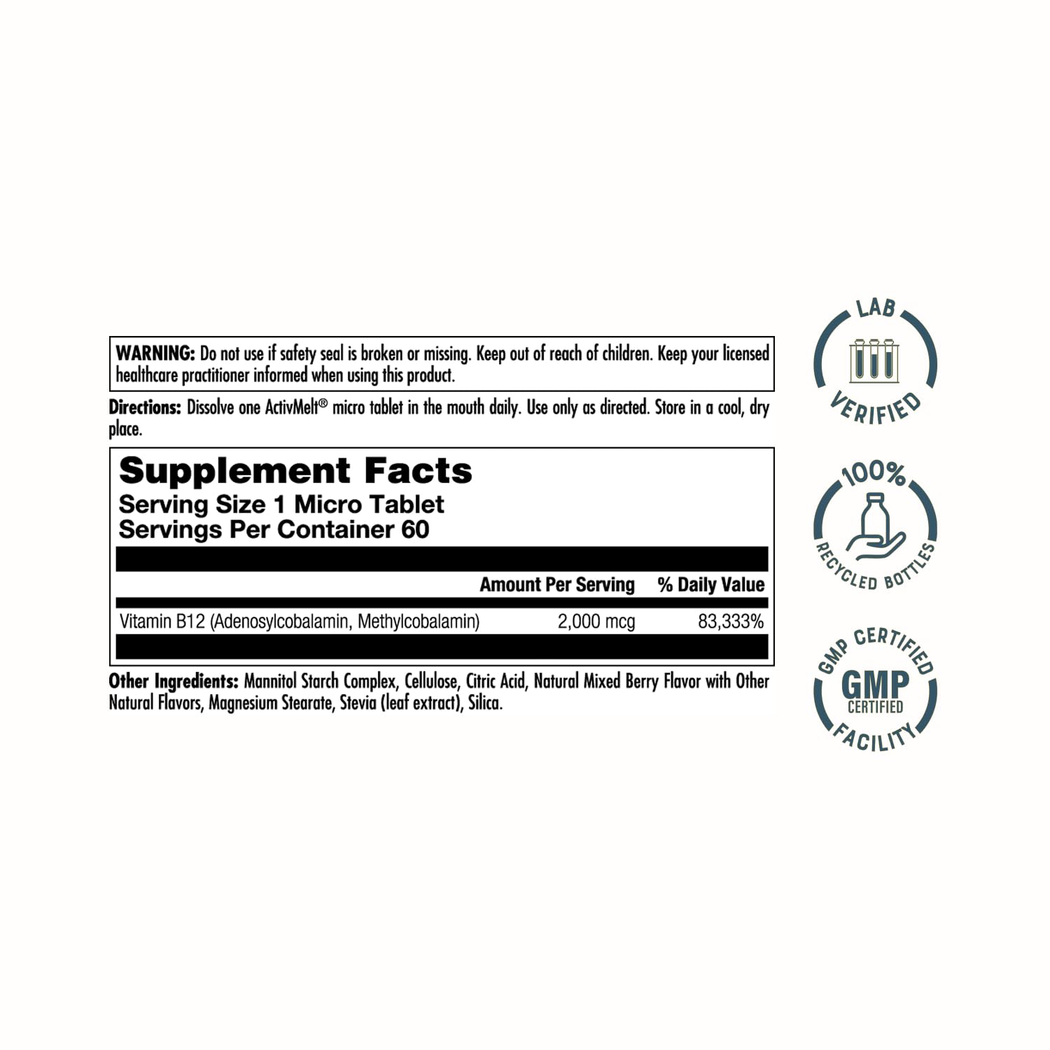 KAL B-12 Vitamin Methylcobalamin 2000 mcg Micro Tablets packaging