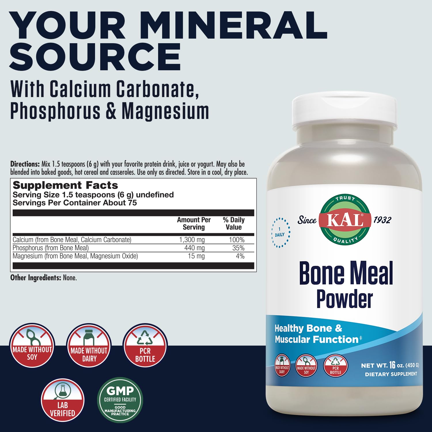 KAL Bone Meal Powder 454g back view showing nutritional information