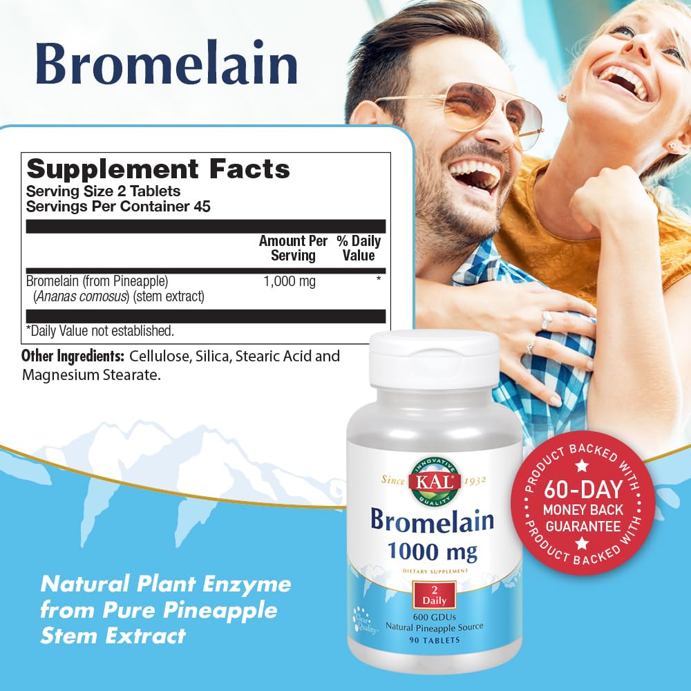KAL Bromelain Supplement capsules displayed on a wooden table