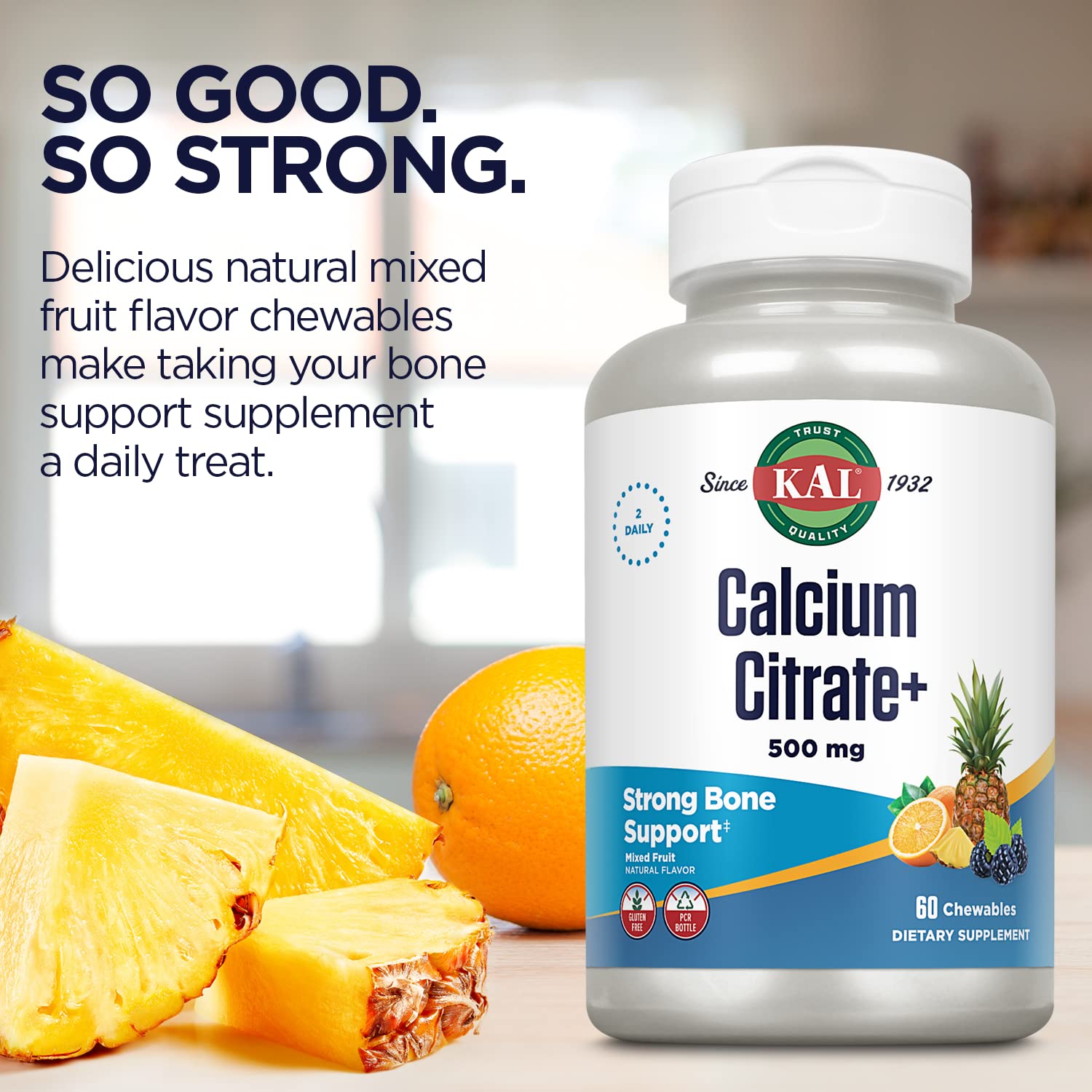 KAL Calcium Citrate+ chewable tablets on a wooden table