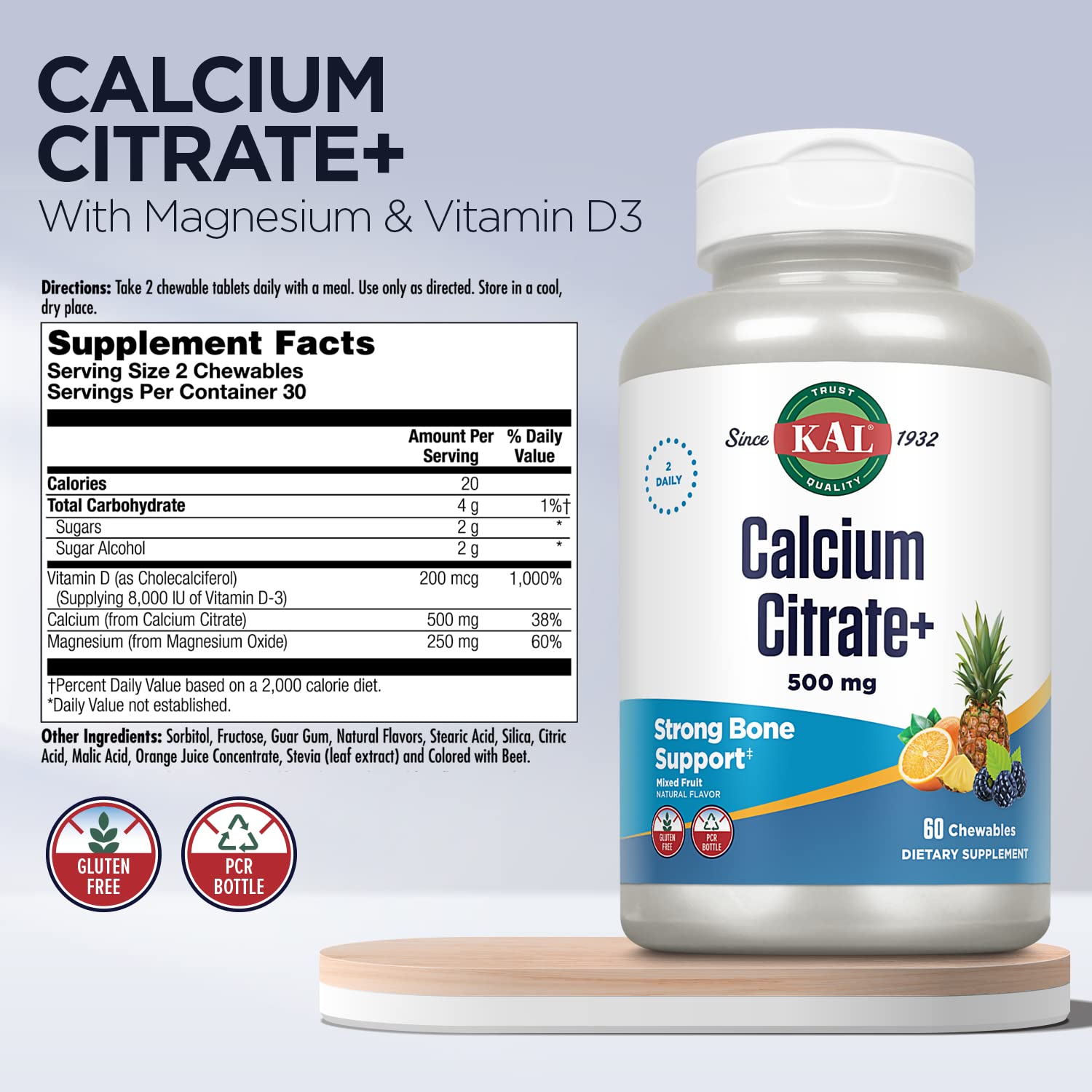 KAL Calcium Citrate+ chewable tablets side view showing fruit flavour