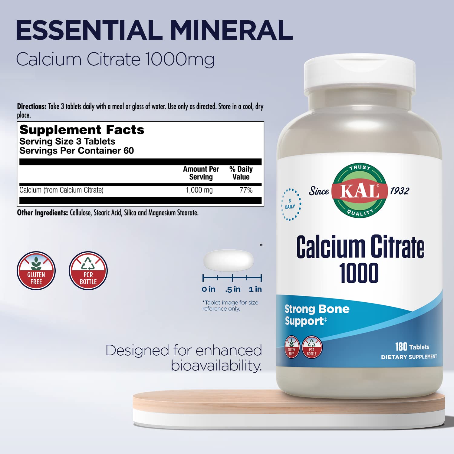 KAL Calcium Citrate Supplement 1000mg side view