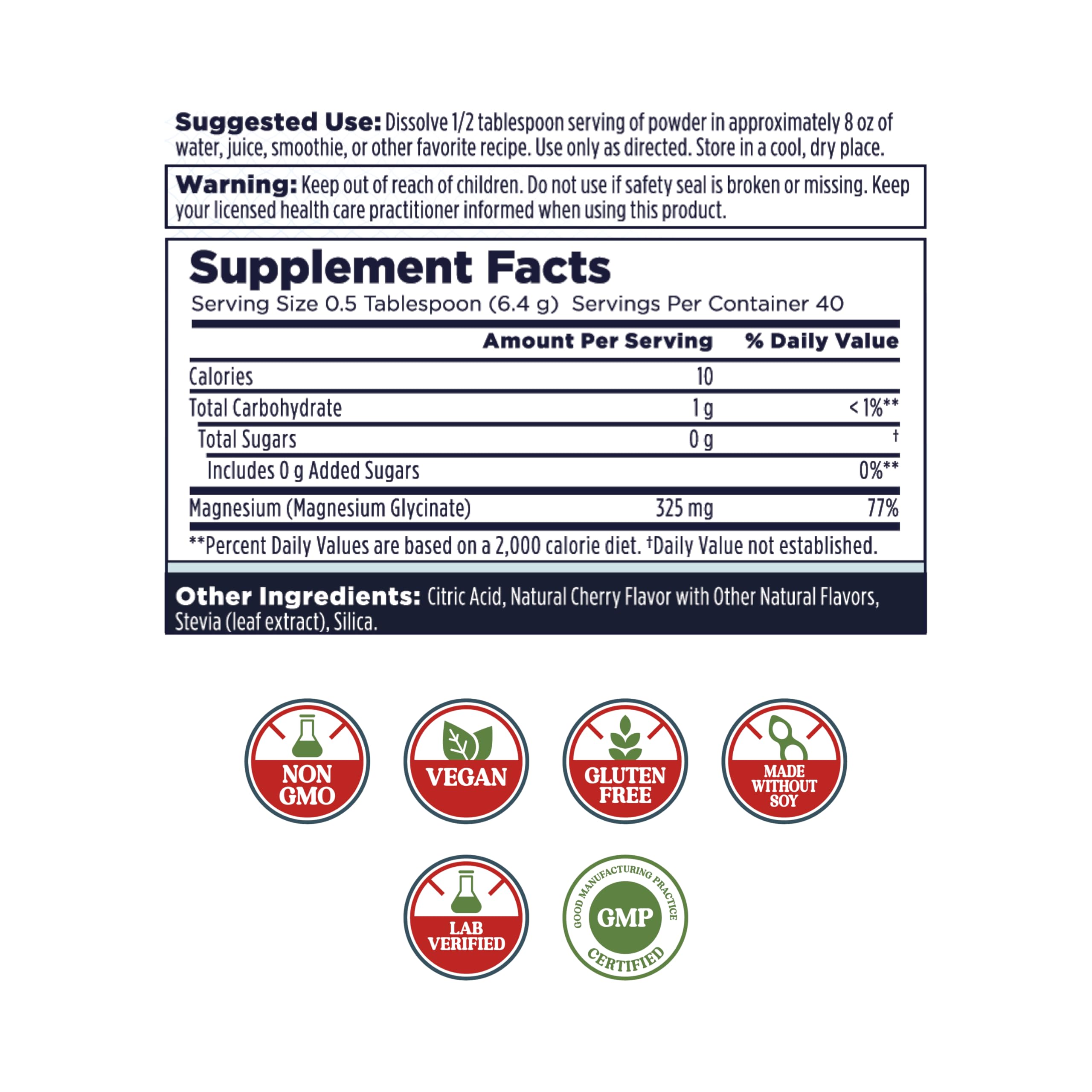 KAL Calming Magnesium Powder 312g back view showing ingredients