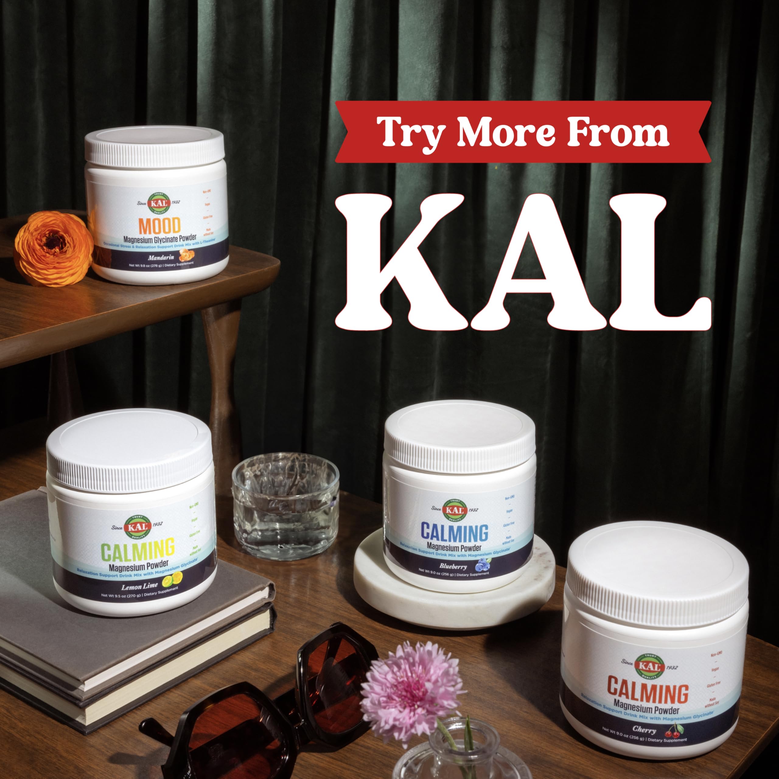 KAL Calming Magnesium Powder 312g with a glass of water