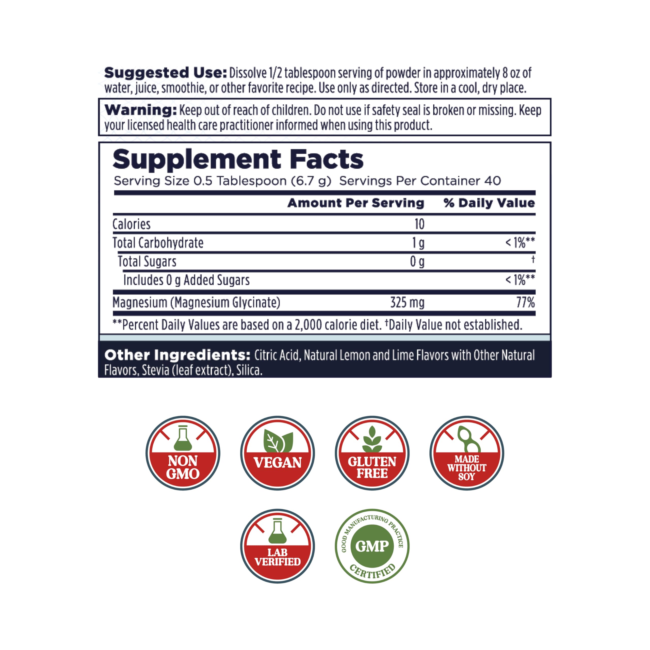 KAL Calming Magnesium Powder 318g back view showing ingredients