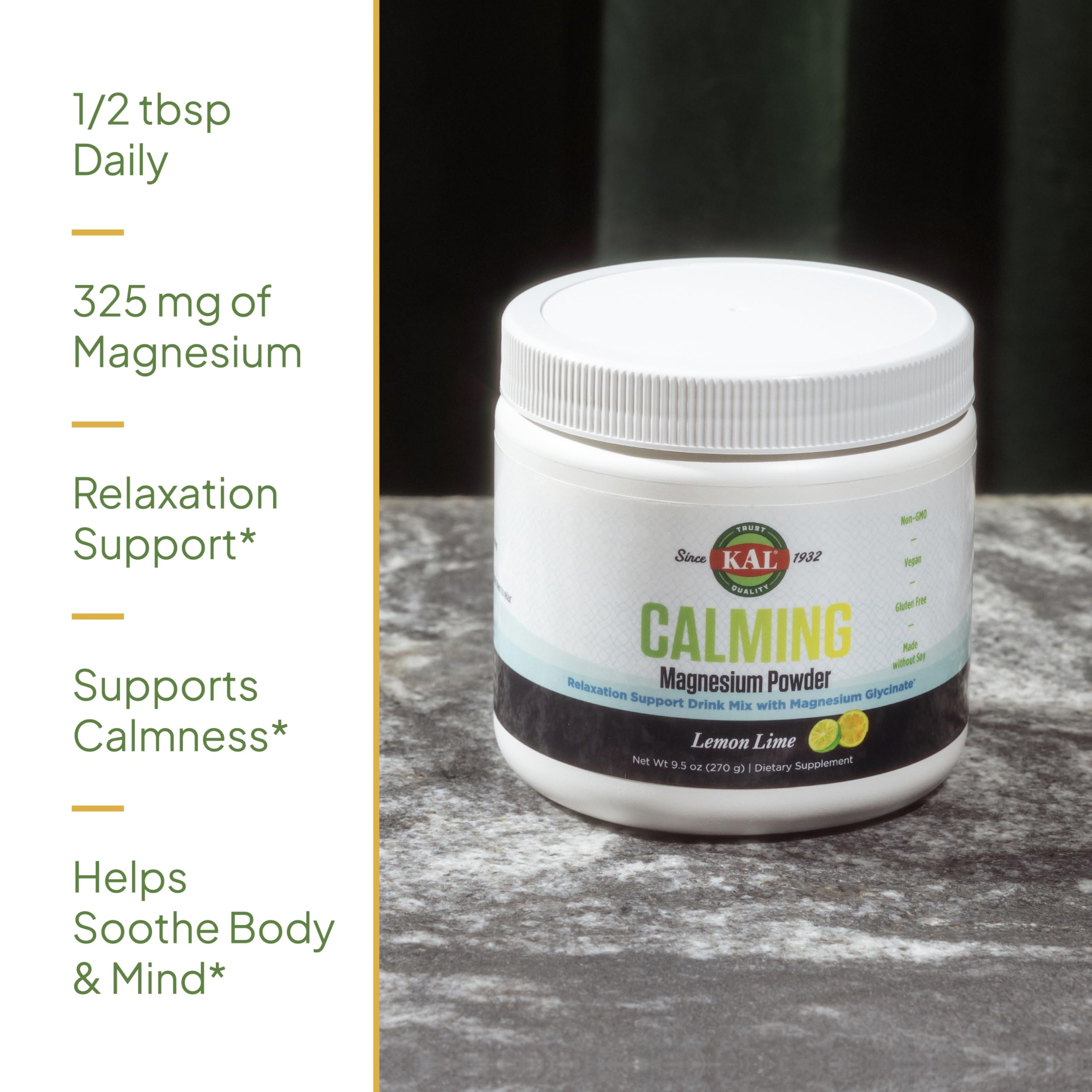 KAL Calming Magnesium Powder 318g with a glass of water