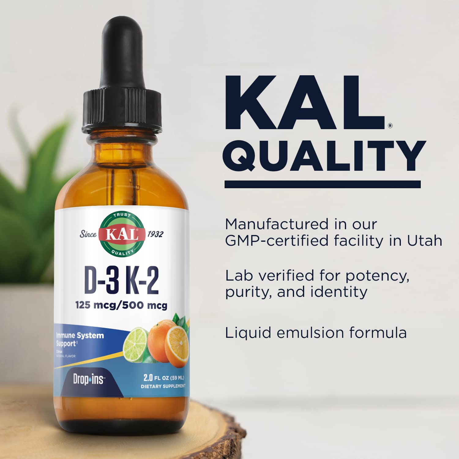 KAL D3 K2 DropIns bottle displayed on a wooden table