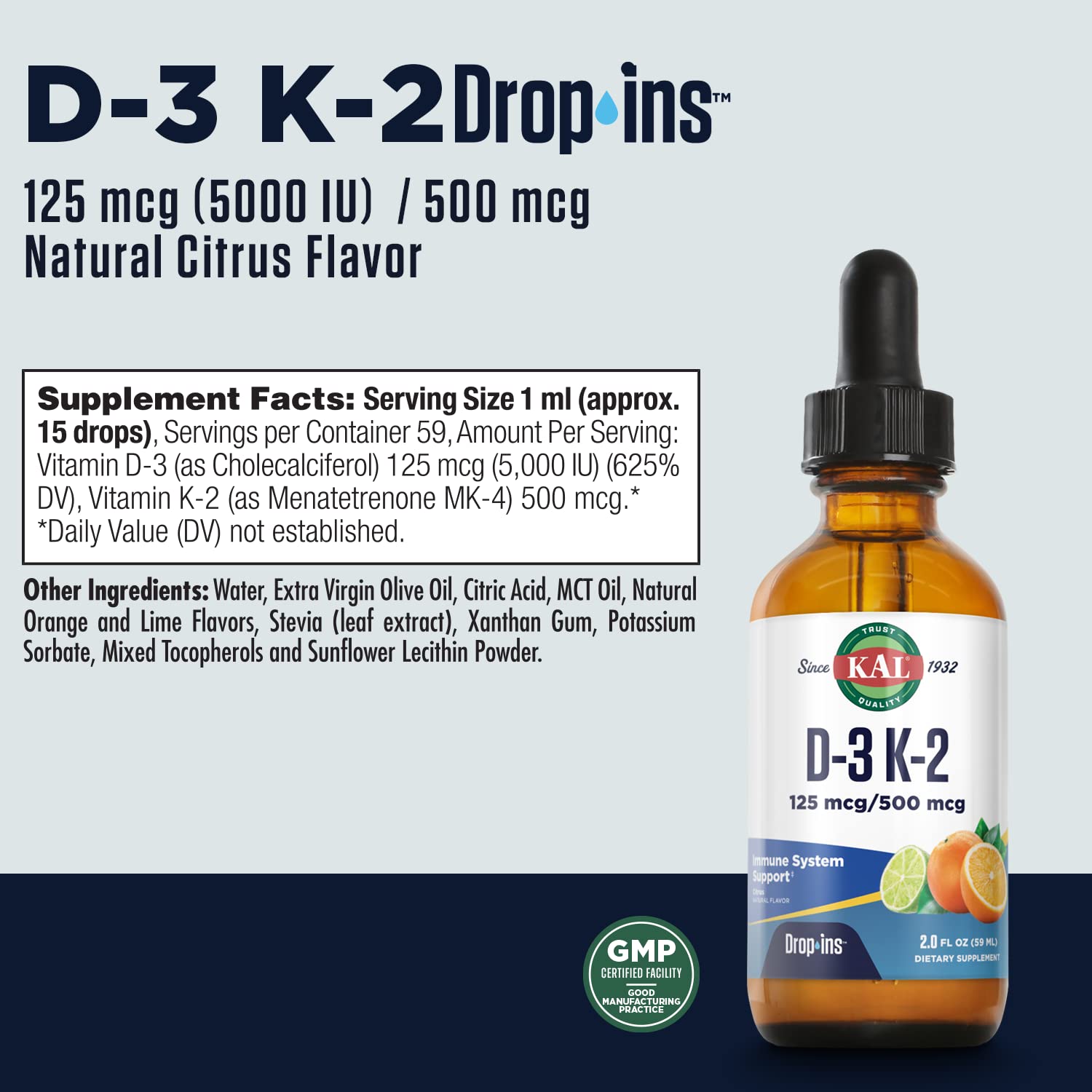 KAL D3 K2 DropIns citrus flavour dropper close-up