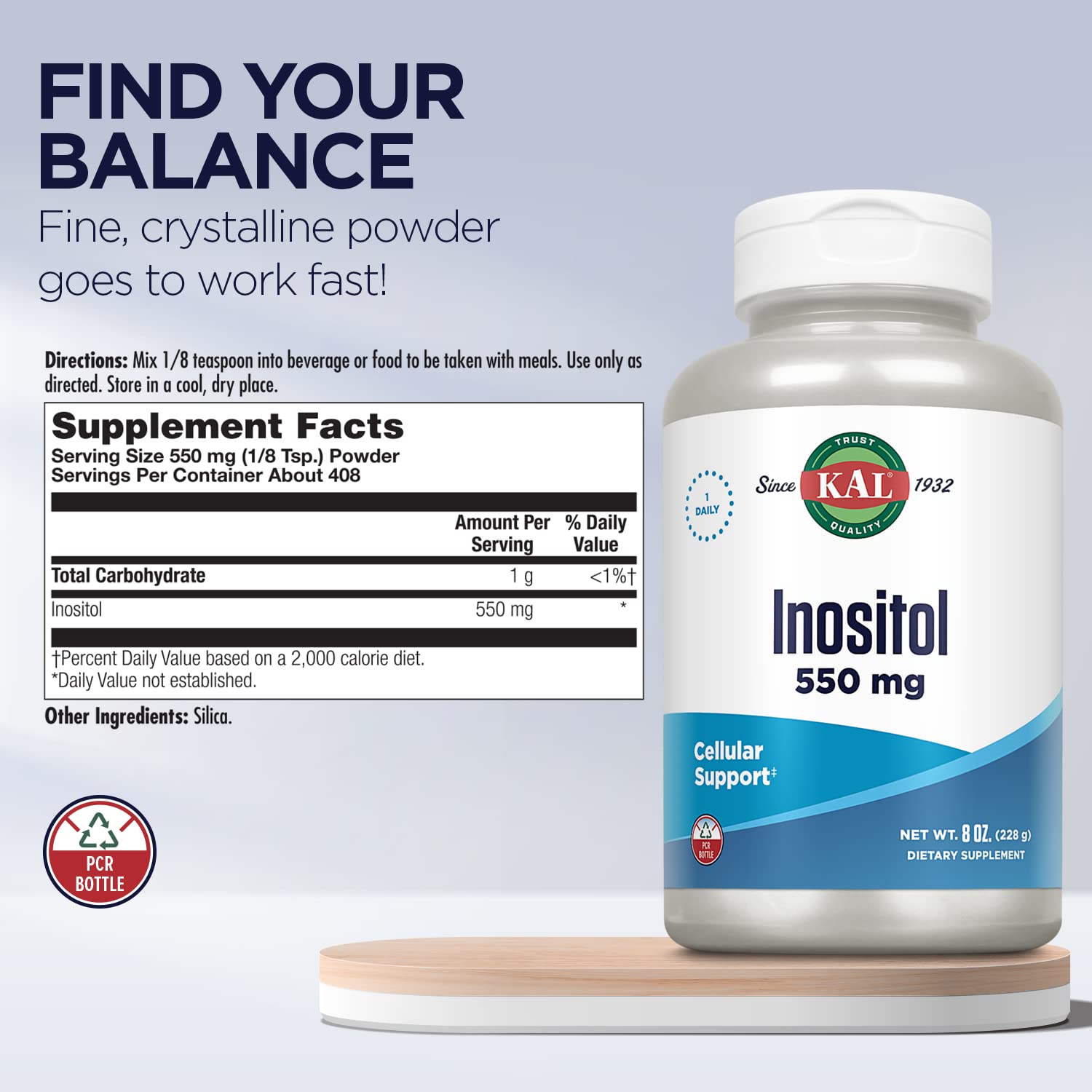 KAL Inositol Powder 550mg side view with measuring spoon