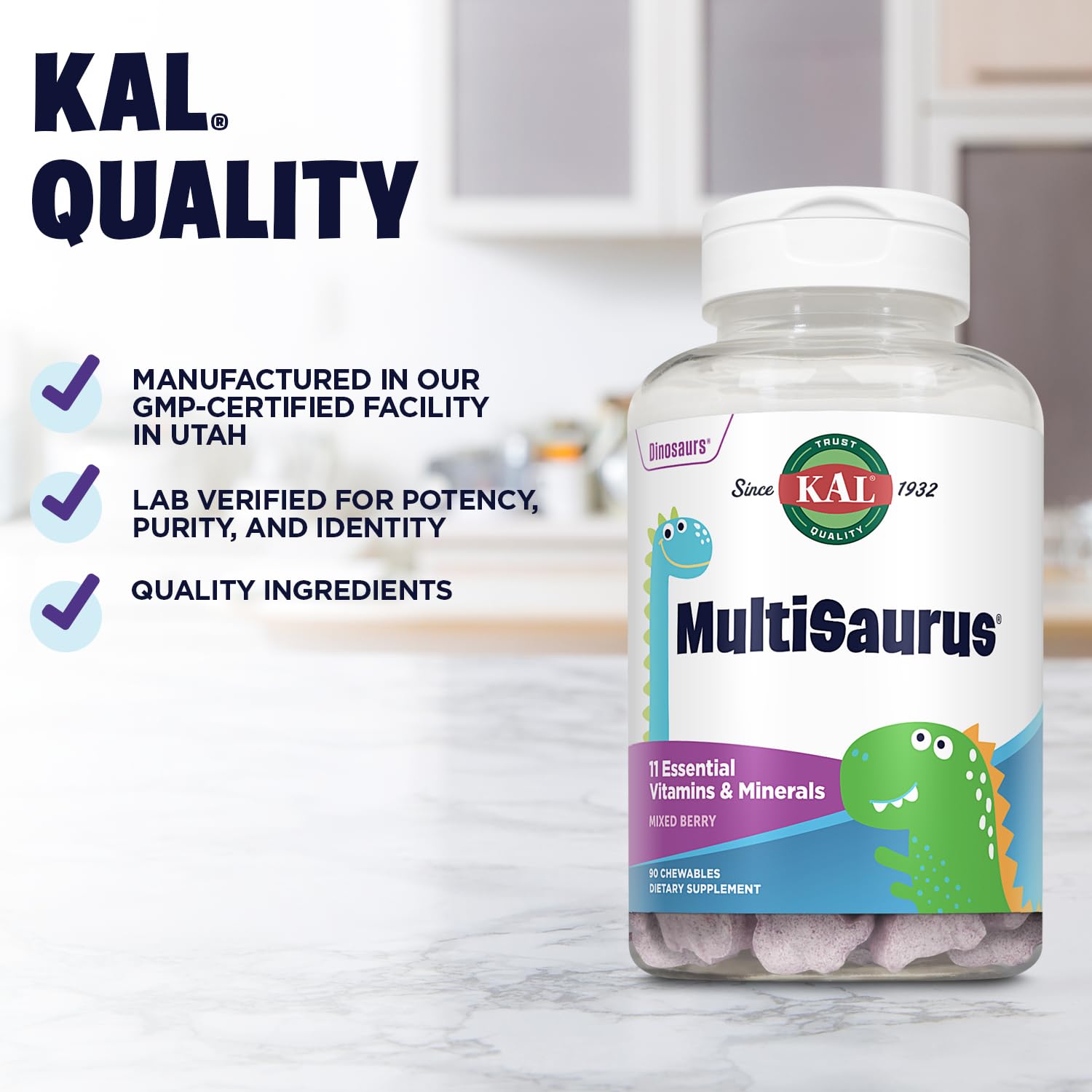 KAL Kids Multivitamins chewable with fresh vegetables backdrop