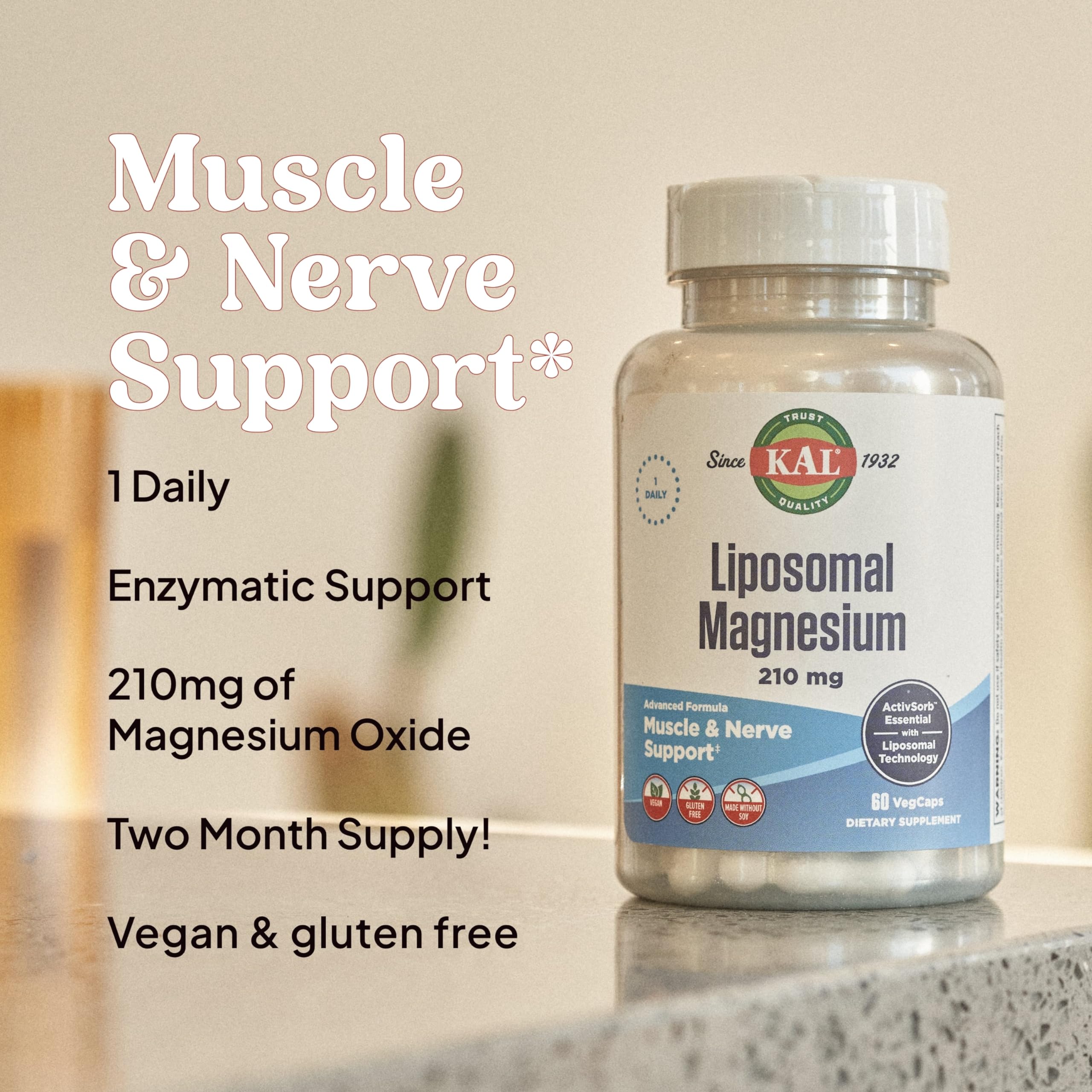 KAL Liposomal Magnesium Oxide 100g capsules on a wooden surface