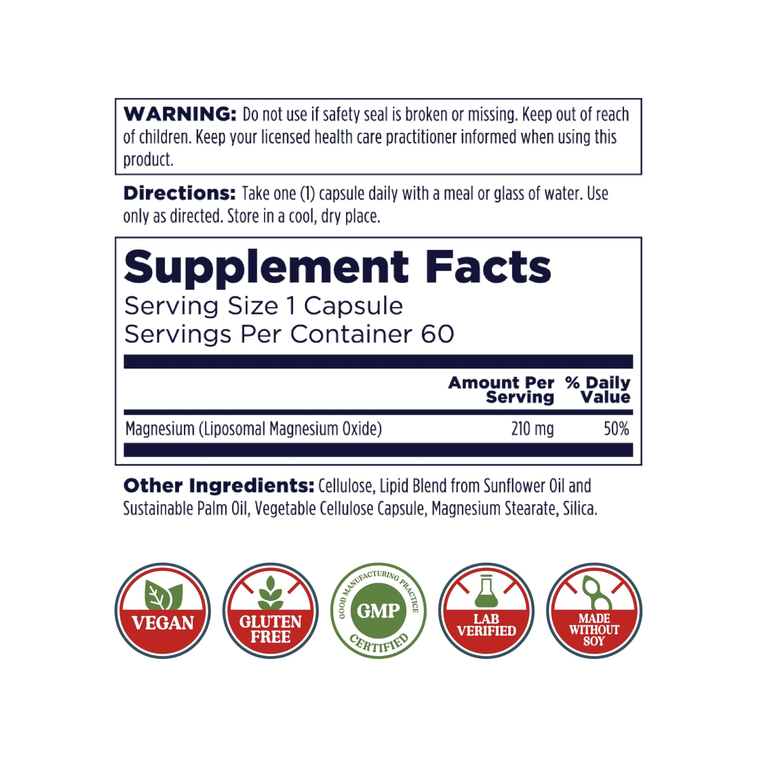 KAL Liposomal Magnesium Oxide 100g side view showing ingredients
