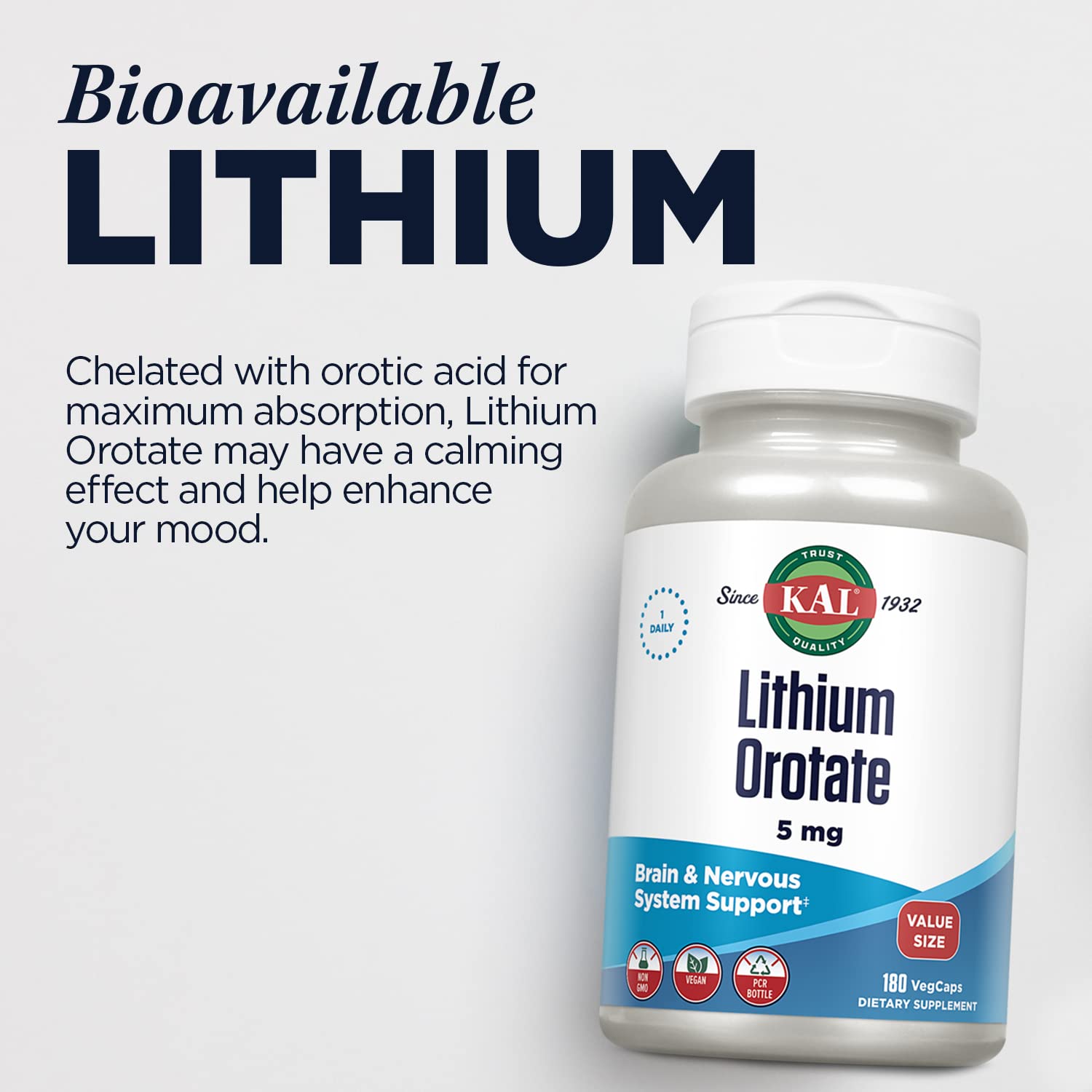KAL Lithium Orotate 5mg VegCaps displayed with natural background