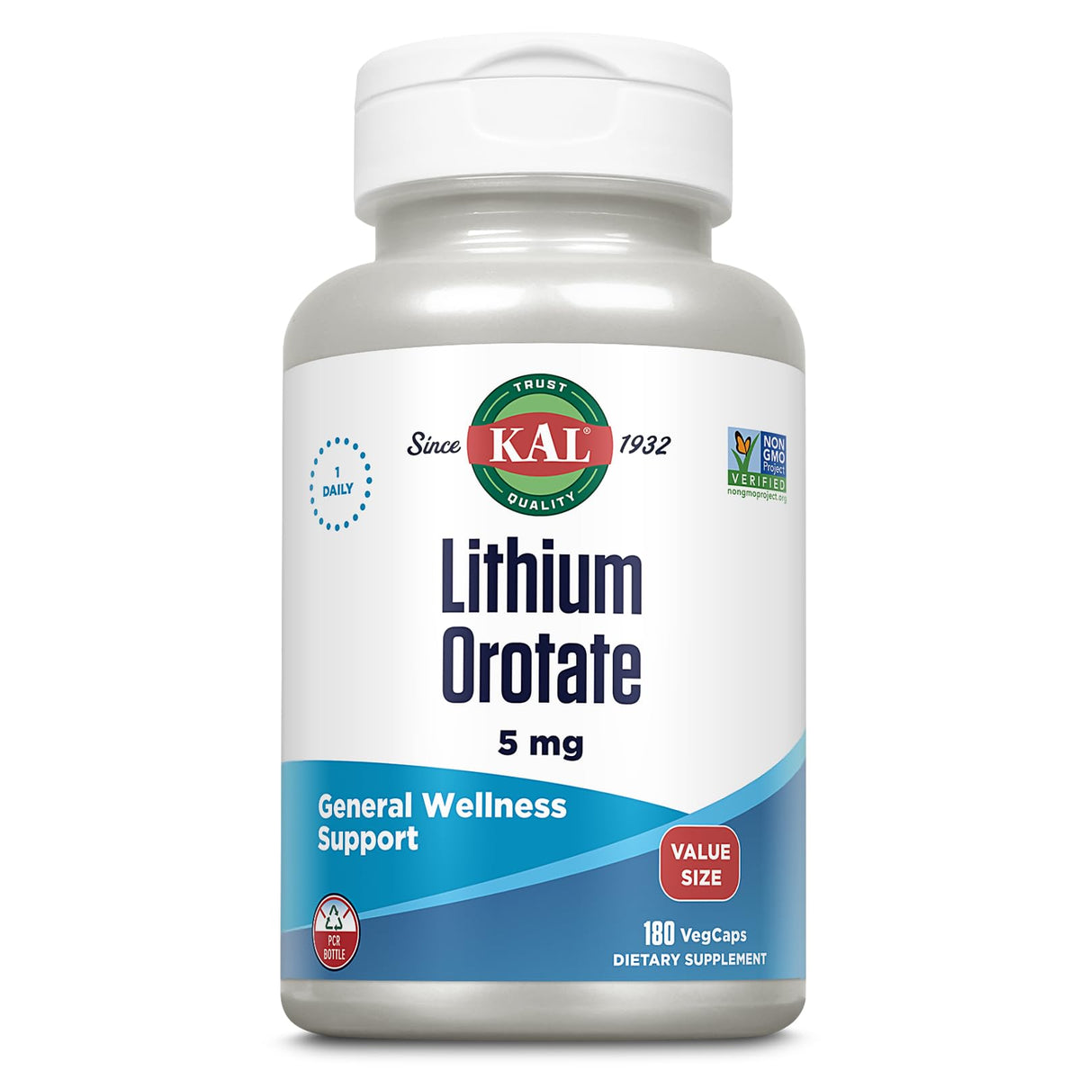 KAL Lithium Orotate 5mg VegCaps front view with eco-friendly packaging