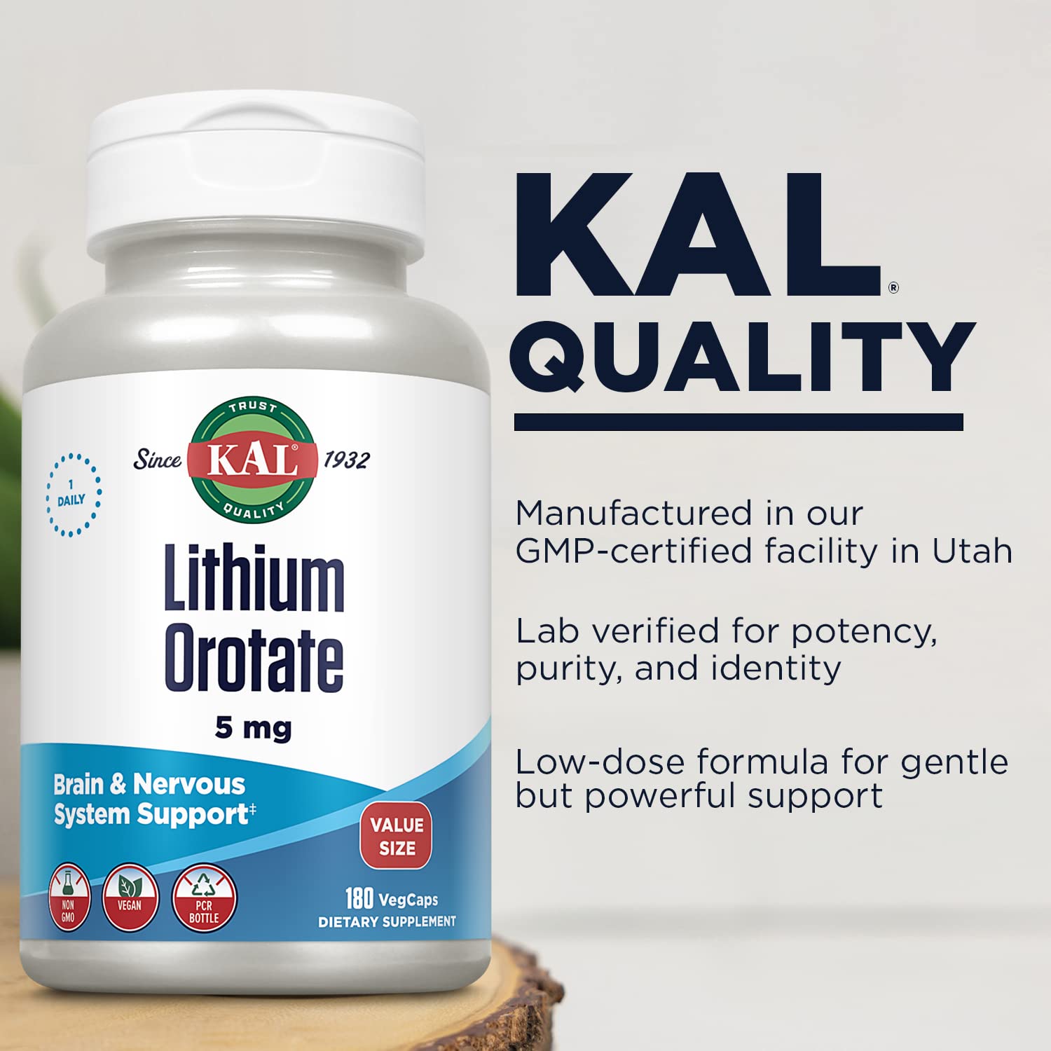 KAL Lithium Orotate 5mg VegCaps in eco-friendly bottle