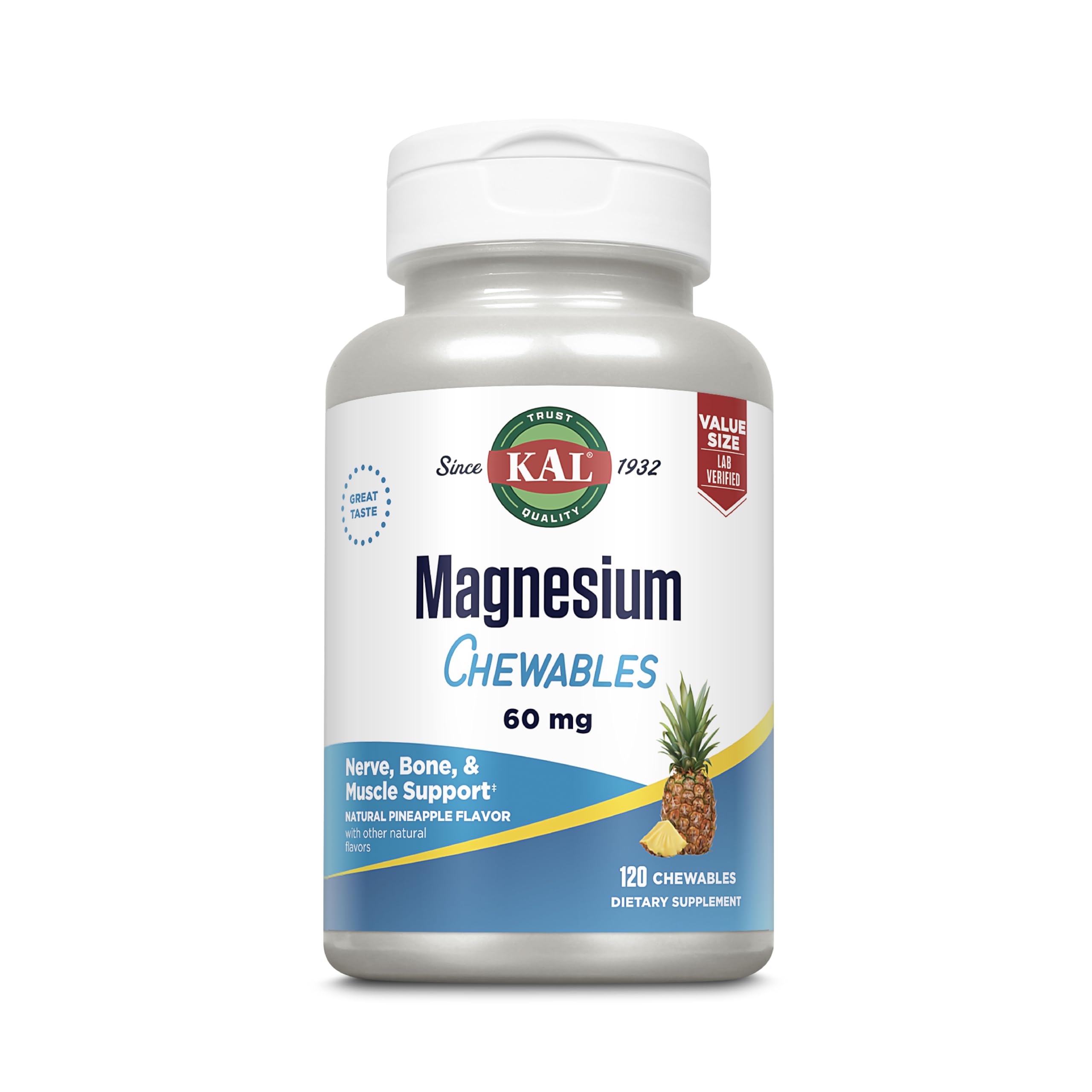 KAL Magnesium Chewable Tablets 60mg pineapple flavour front view