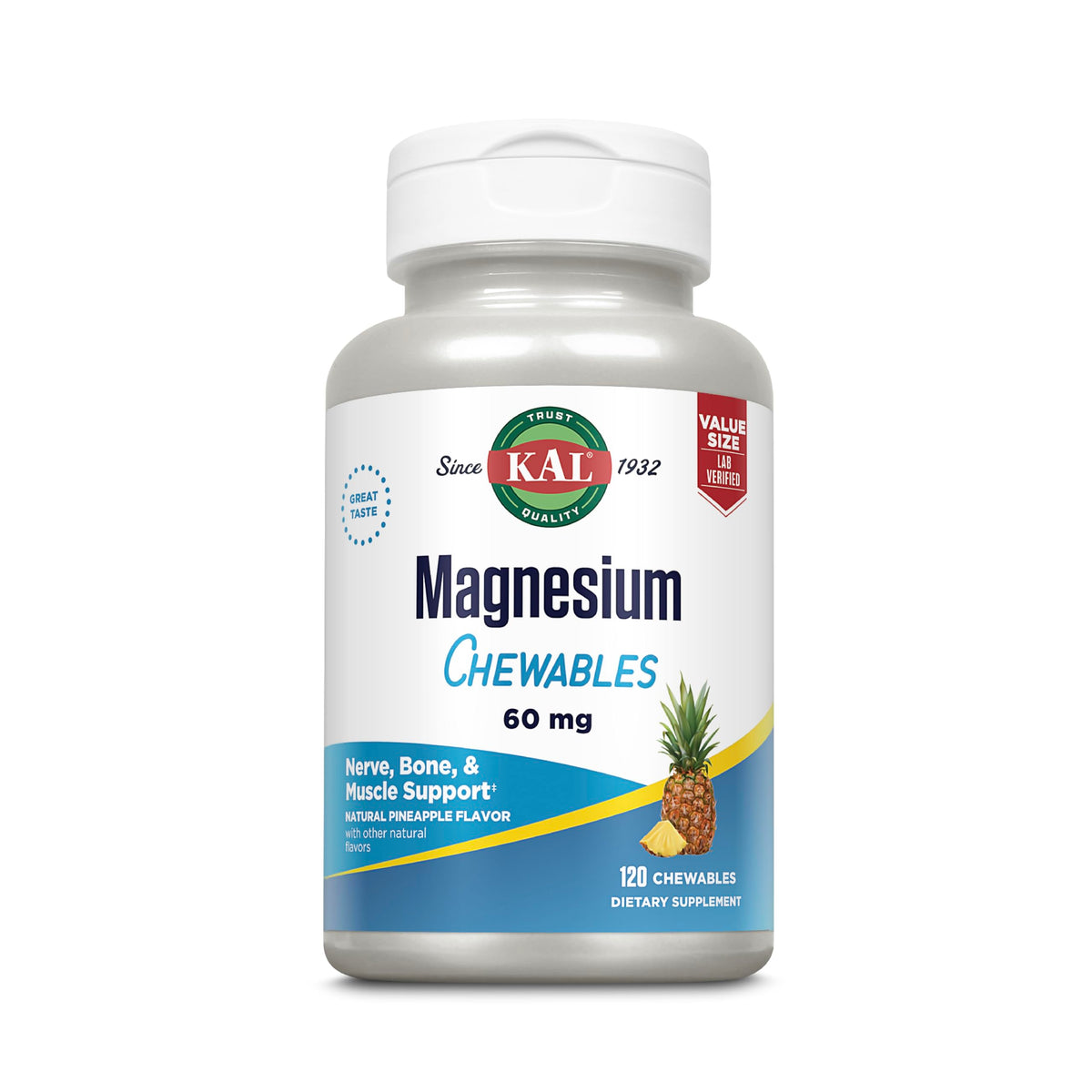 KAL Magnesium Chewable Tablets 60mg pineapple flavour front view