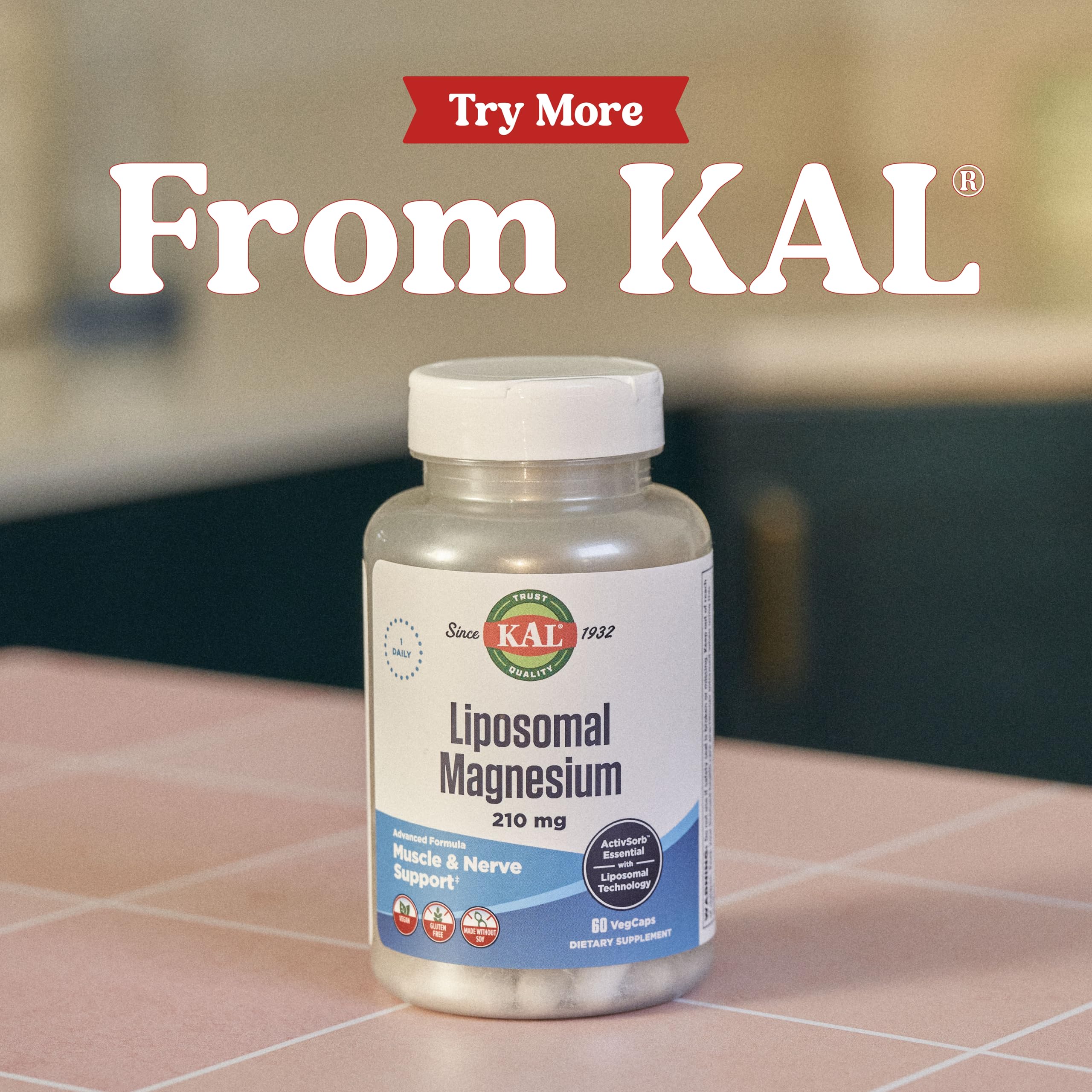 KAL Magnesium Chewable Tablets 60mg pineapple flavour on a wooden table