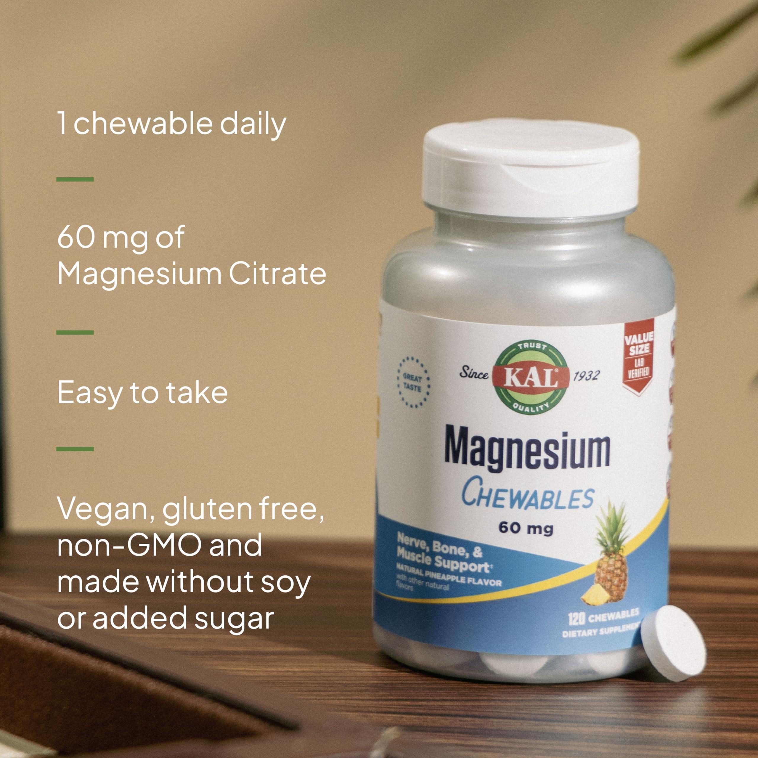 KAL Magnesium Chewable Tablets 60mg pineapple flavour packaging