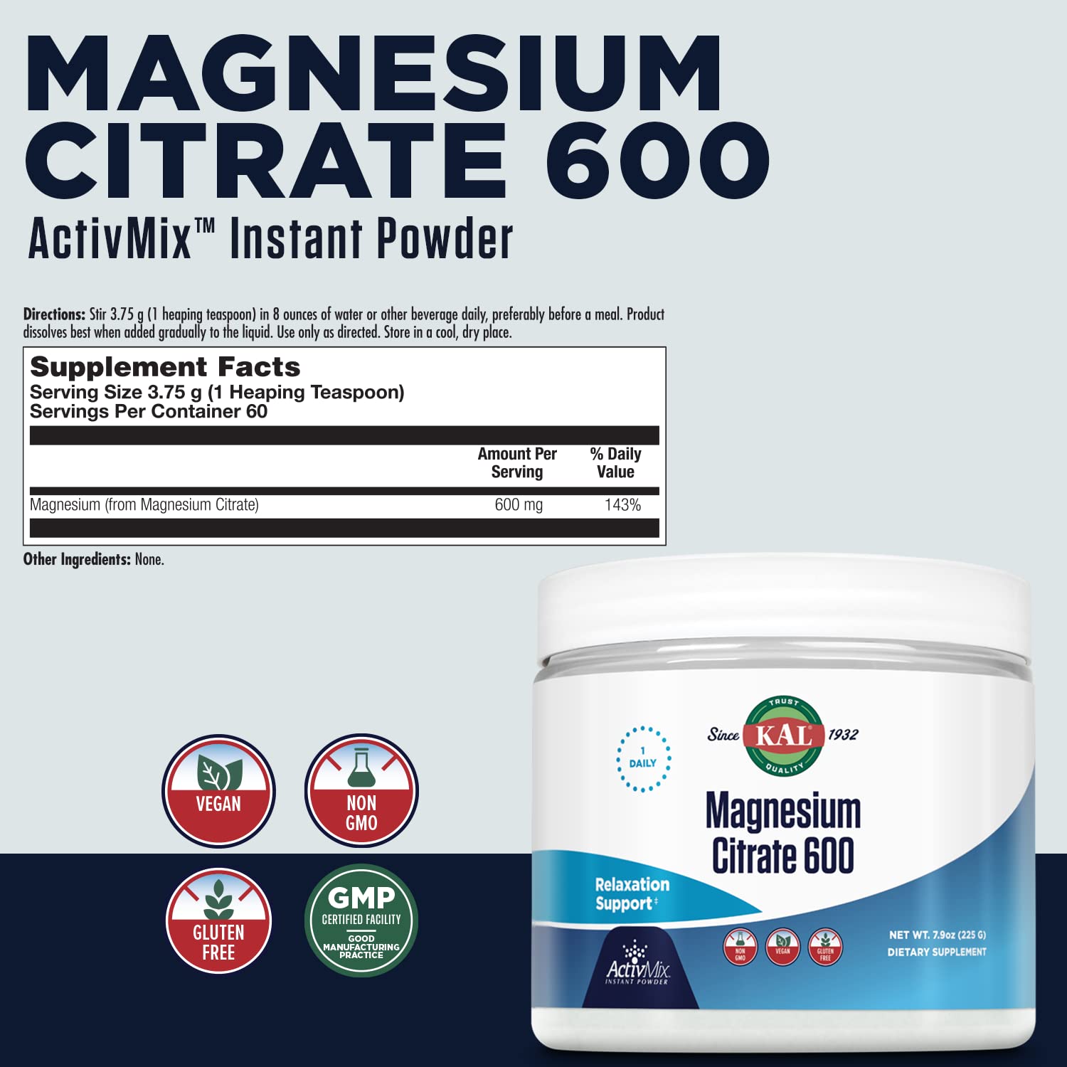 KAL Magnesium Citrate Powder packaging side view