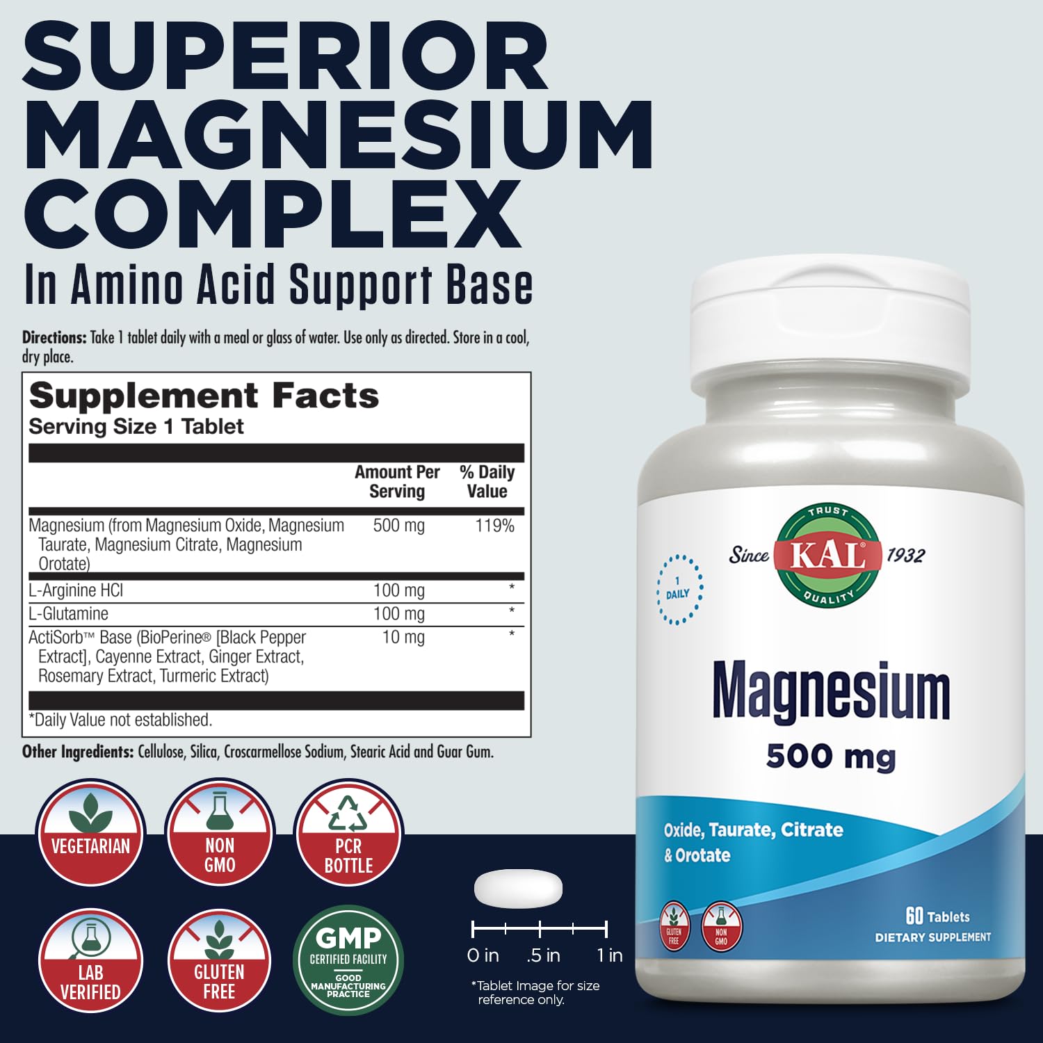 KAL Magnesium Complex 500mg supplement side view with dosage details