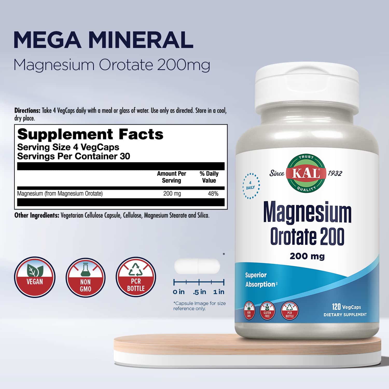 KAL Magnesium Dietary Supplement side view showing packaging details
