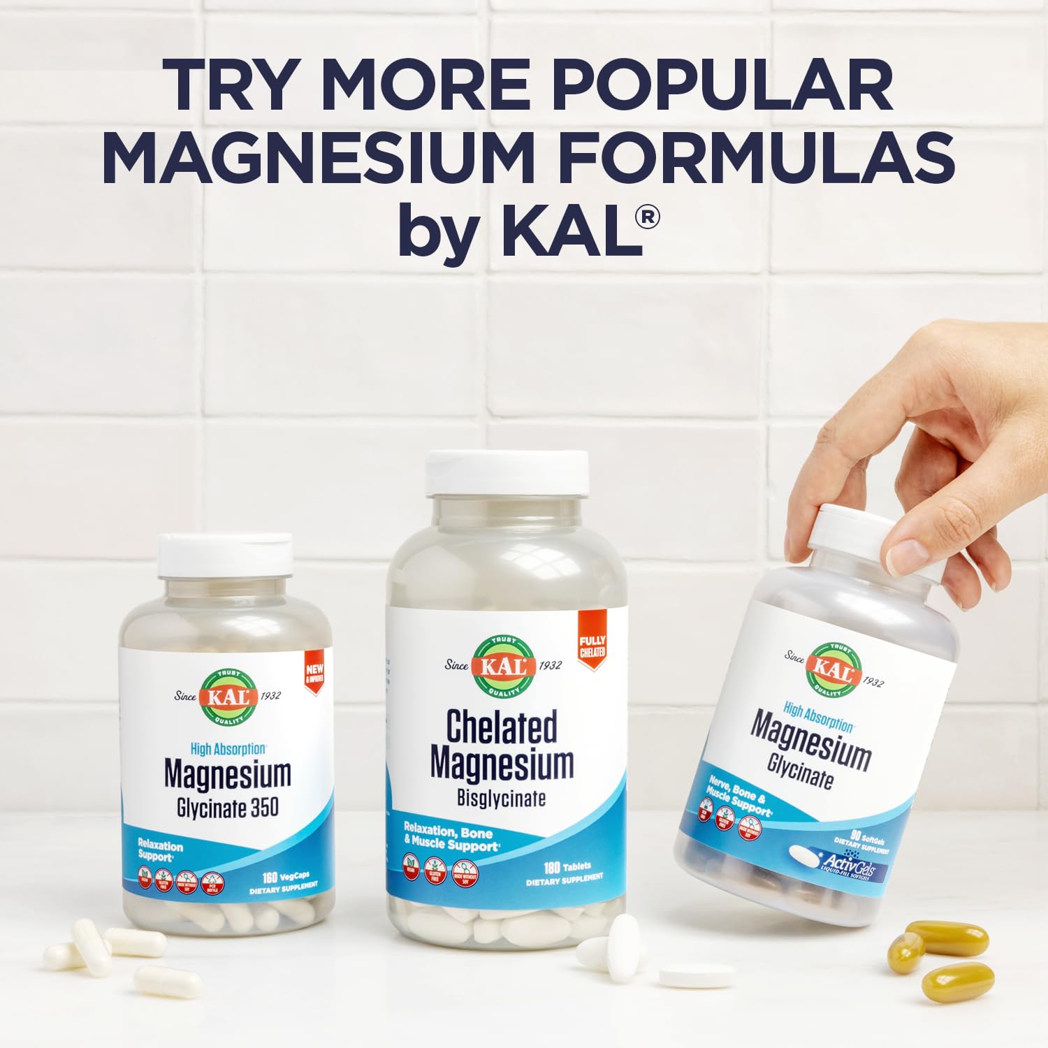 KAL Magnesium Dietary Supplement with a glass of water