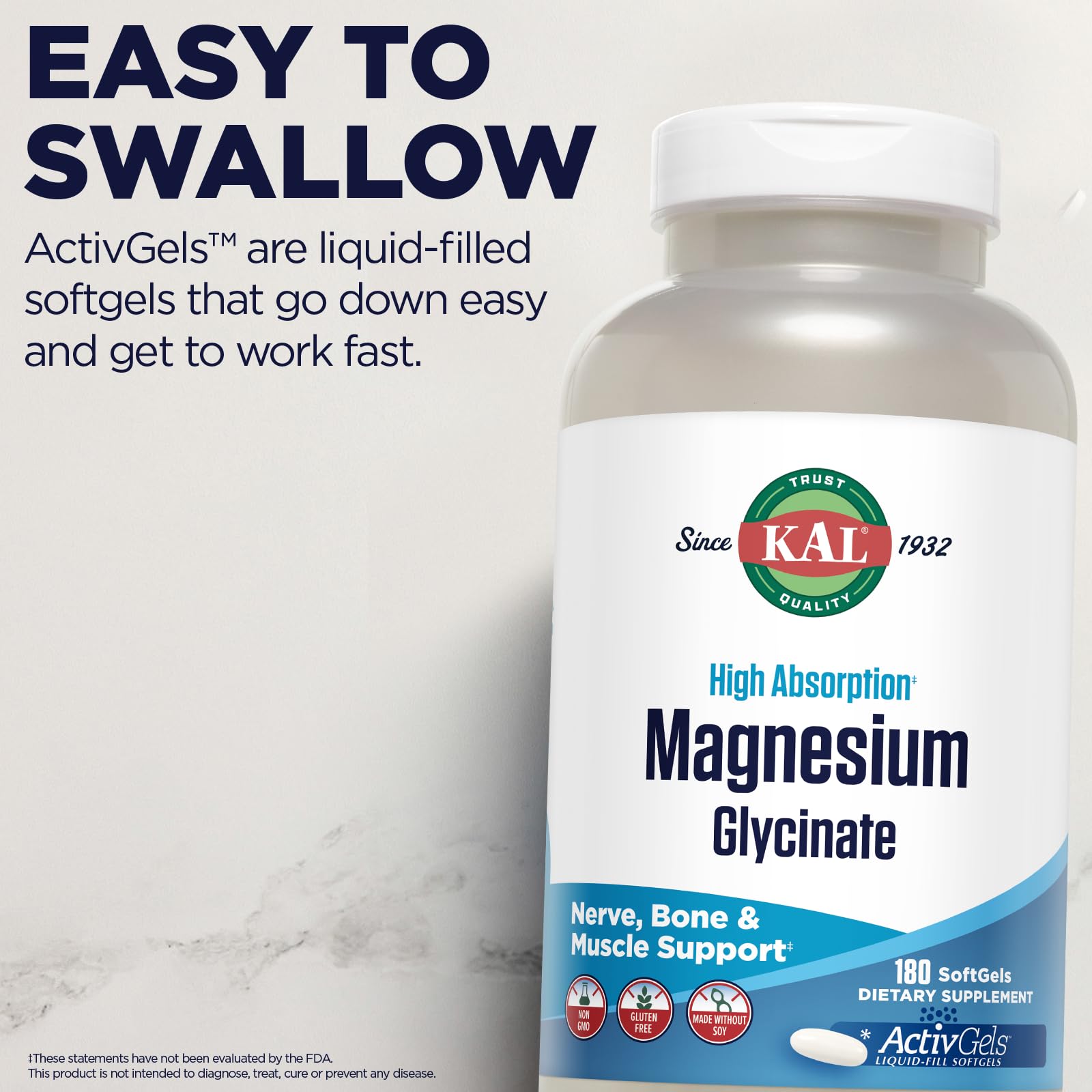 KAL Magnesium Glycinate 440g lifestyle scene with supplements