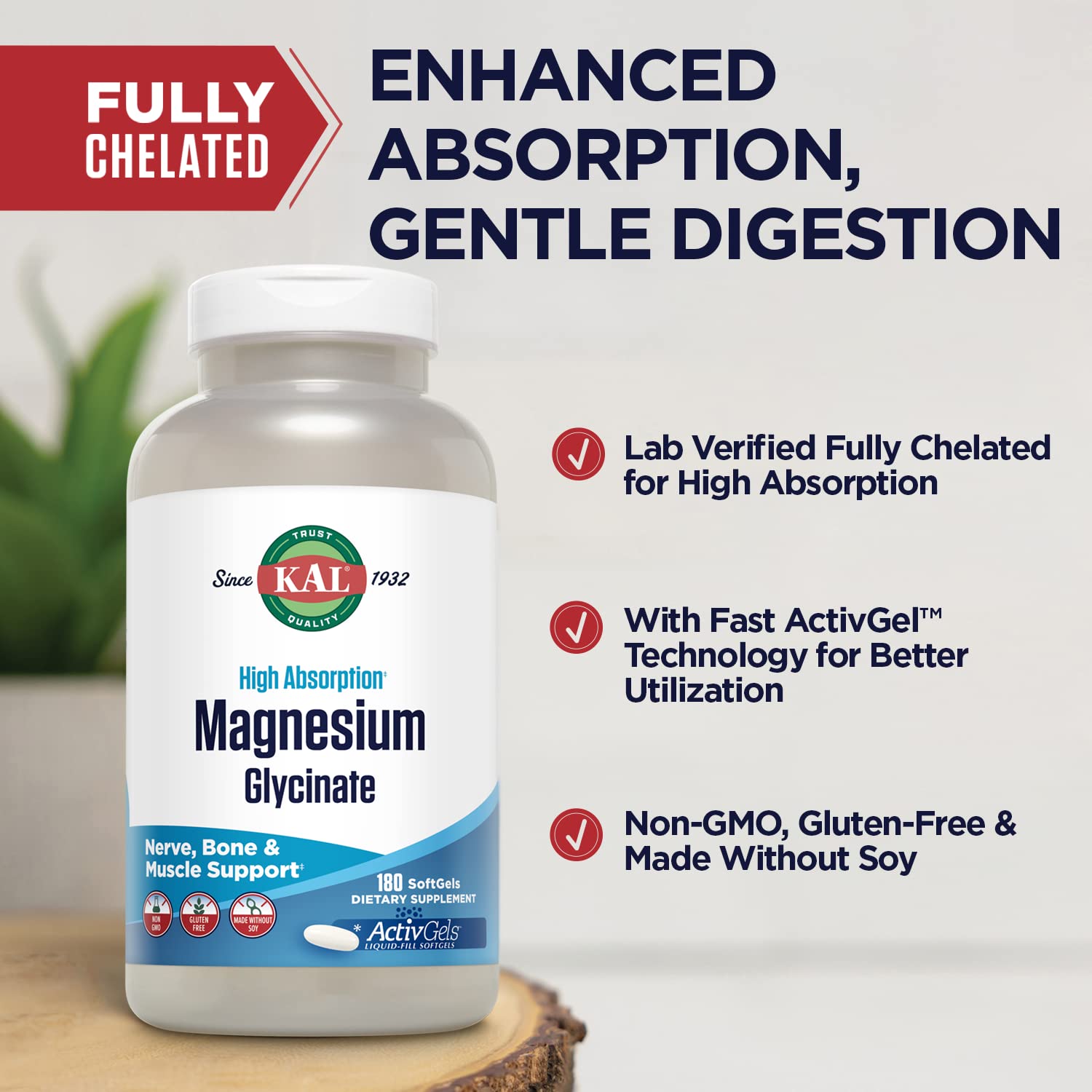 KAL Magnesium Glycinate 440g opened bottle showing capsules