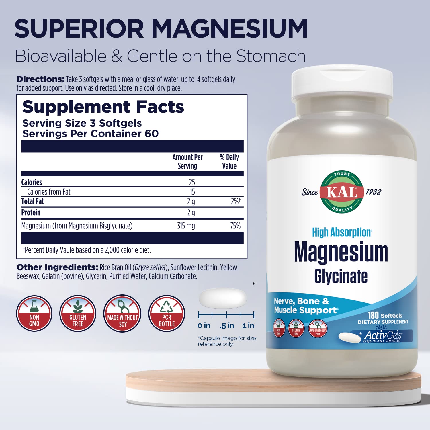 KAL Magnesium Glycinate 440g side view showing capsule details