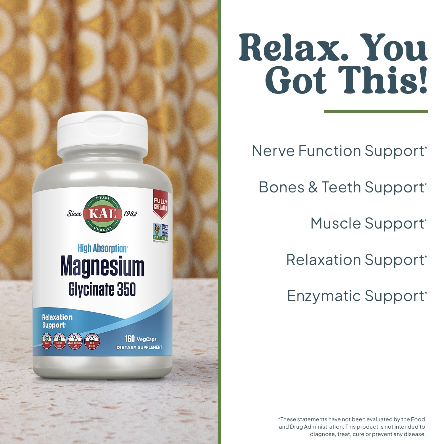 KAL Magnesium Glycinate Capsules 60g bottle with label
