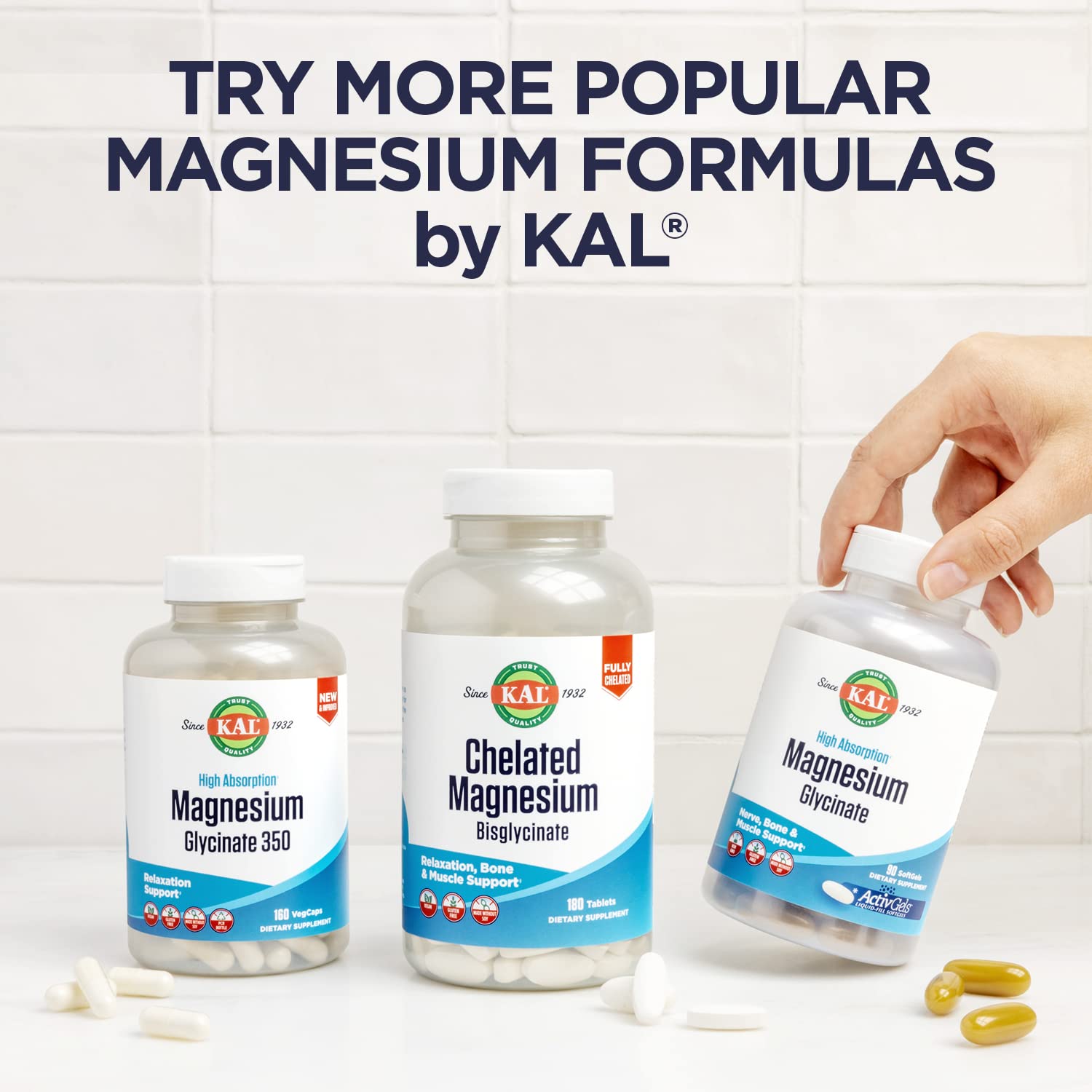 KAL Magnesium Glycinate capsules on a white background
