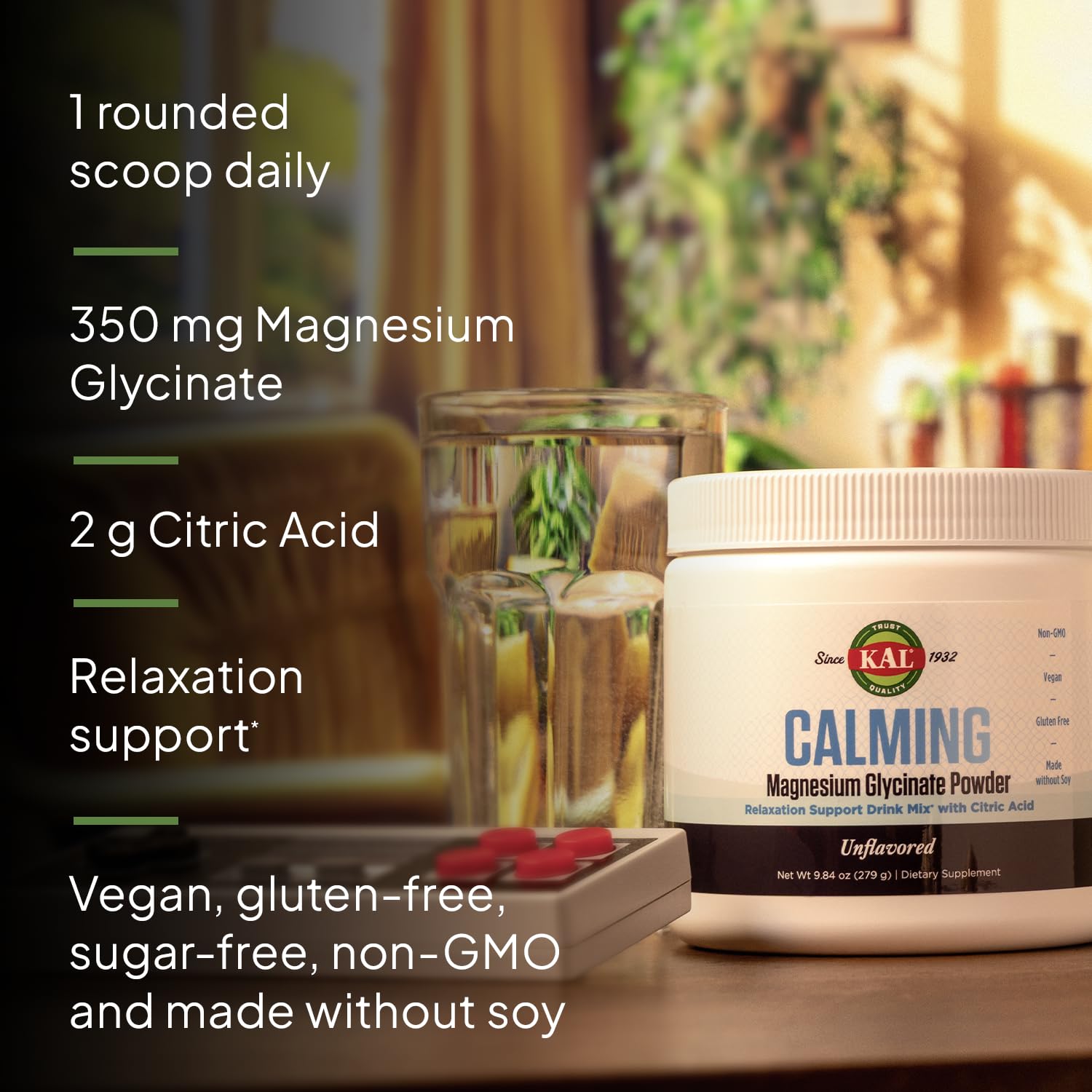 KAL Magnesium Glycinate Powder 350mg in a glass of water