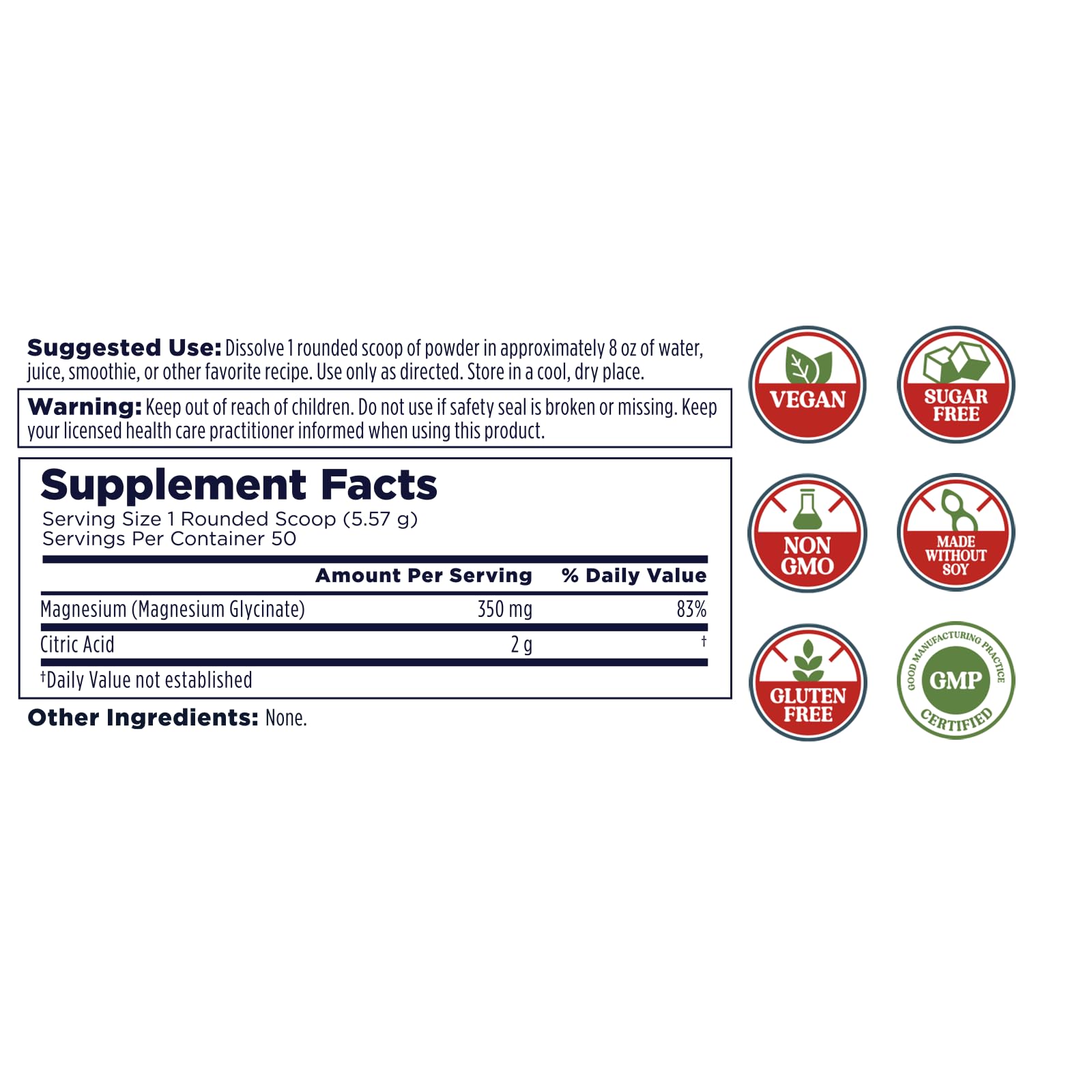 KAL Magnesium Glycinate Powder 350mg side view with nutritional information