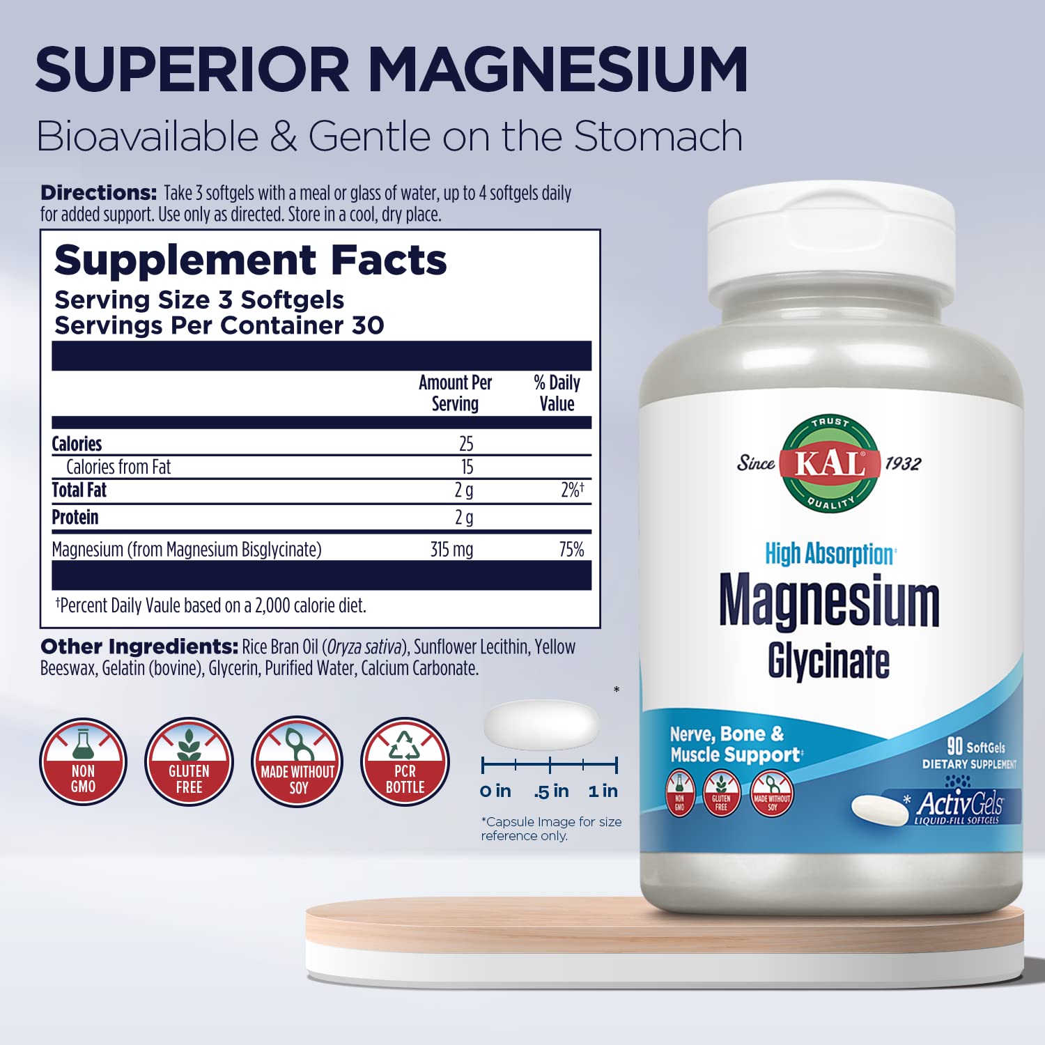 KAL Magnesium Glycinate Supplement 259g side view