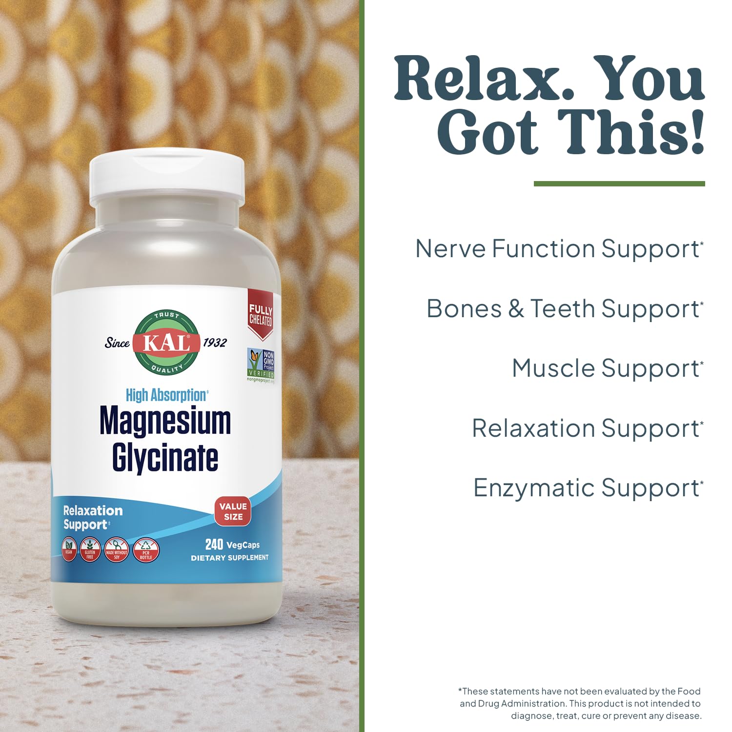 KAL Magnesium Glycinate Supplement 286g back view with ingredients